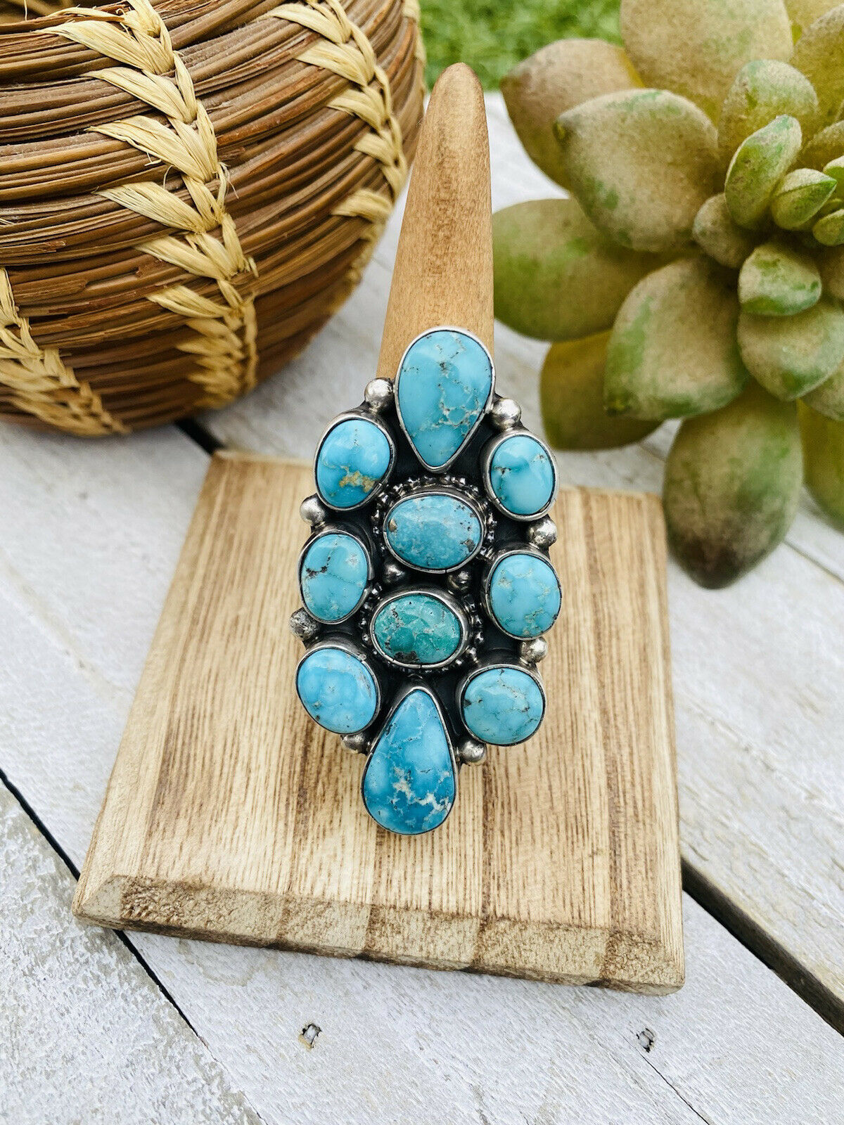 Handcrafted Turquoise & Sterling Silver Cluster Adjustable Ring