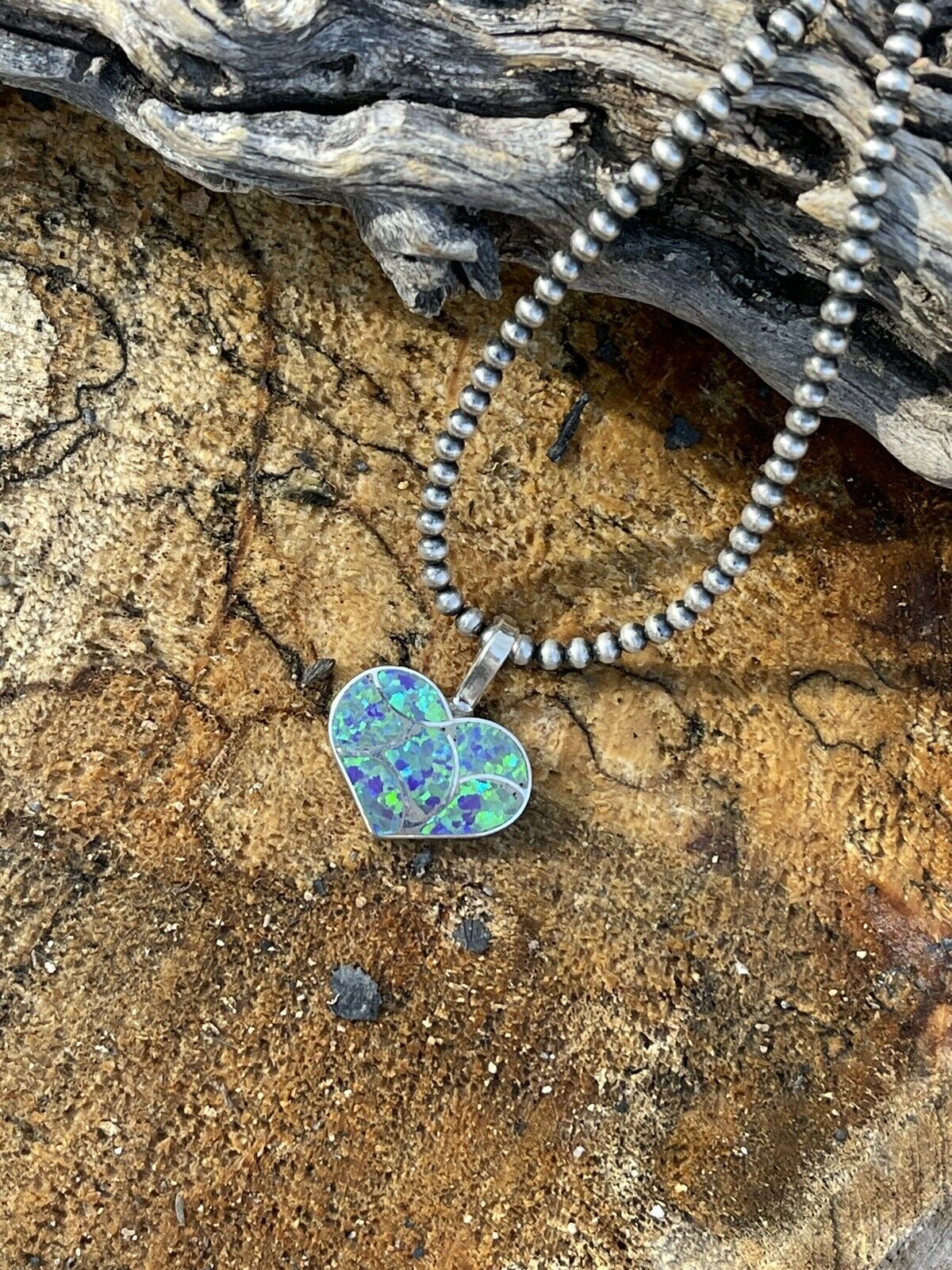 Handcrafted Iridescent Green Opal & Sterling Silver Heart Pendant