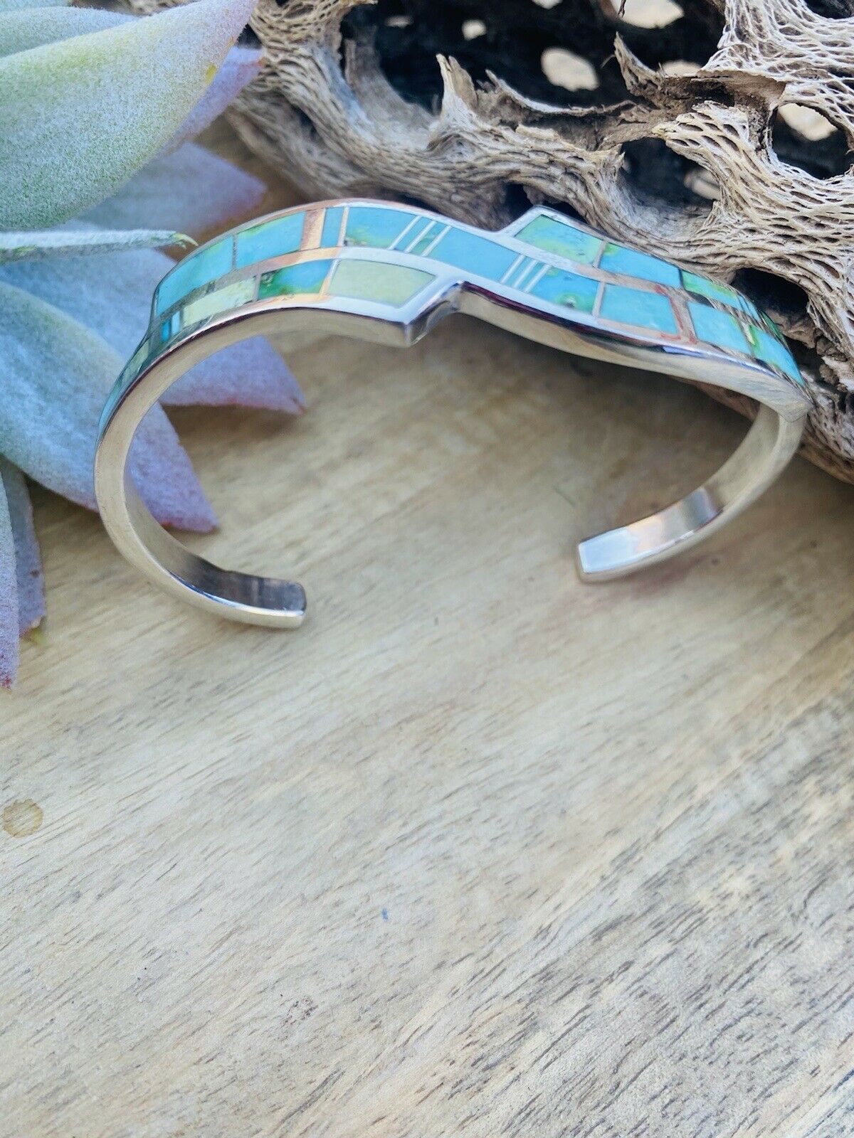 Handcrafted Sonoran Mountain Turquoise & Sterling Silver Inlay Cuff Bracelet /