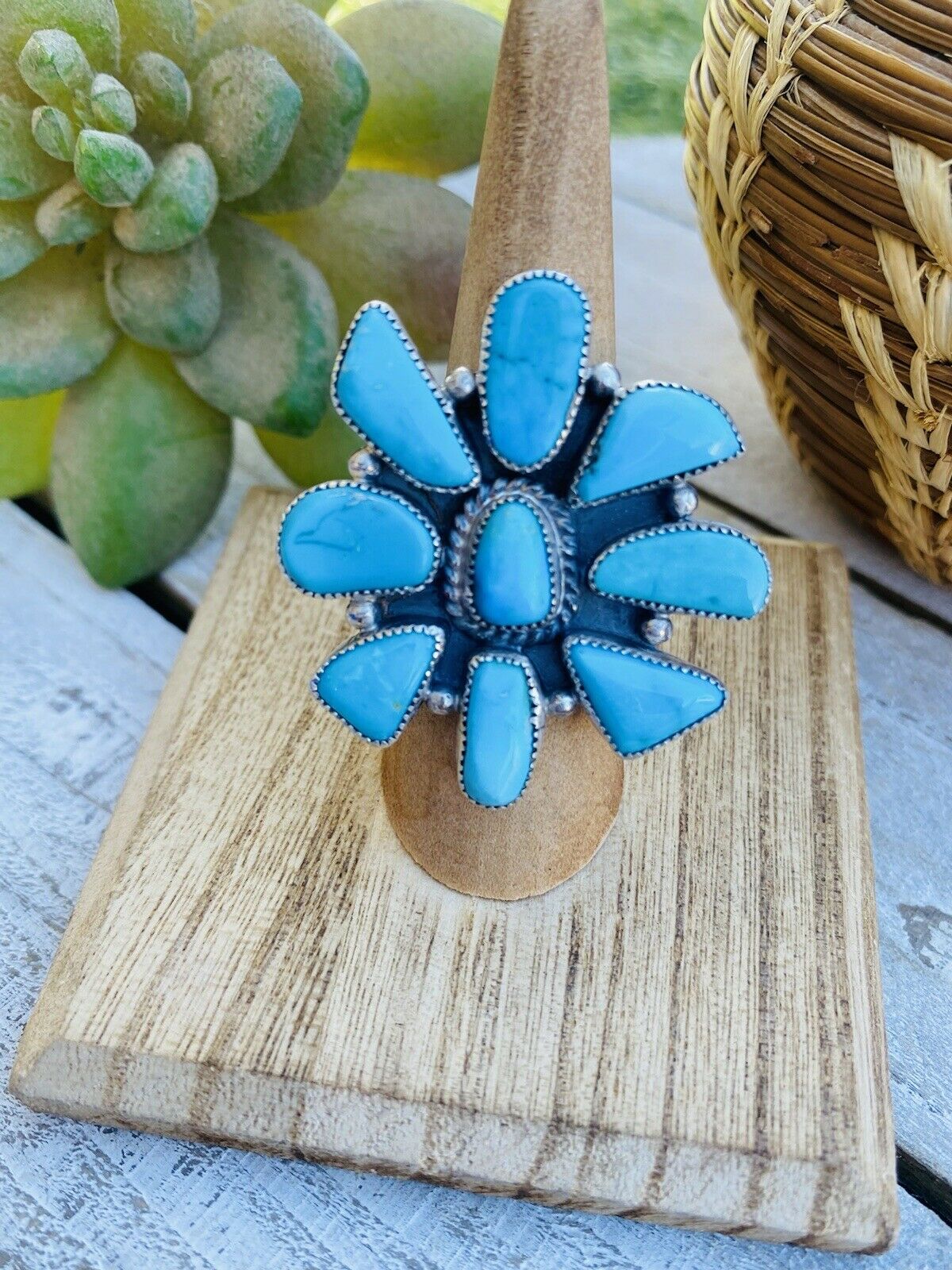 Handcrafted Turquoise & Sterling Silver Cluster Ring Size 7