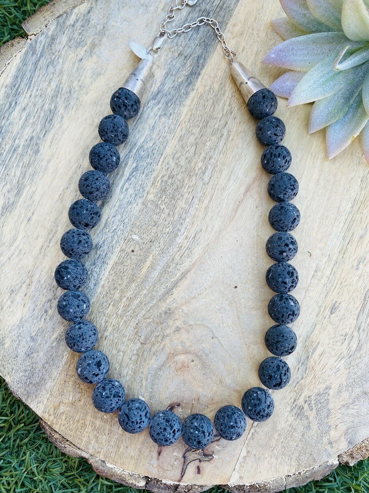 Handcrafted Lava Rock & Sterling Beaded Necklace