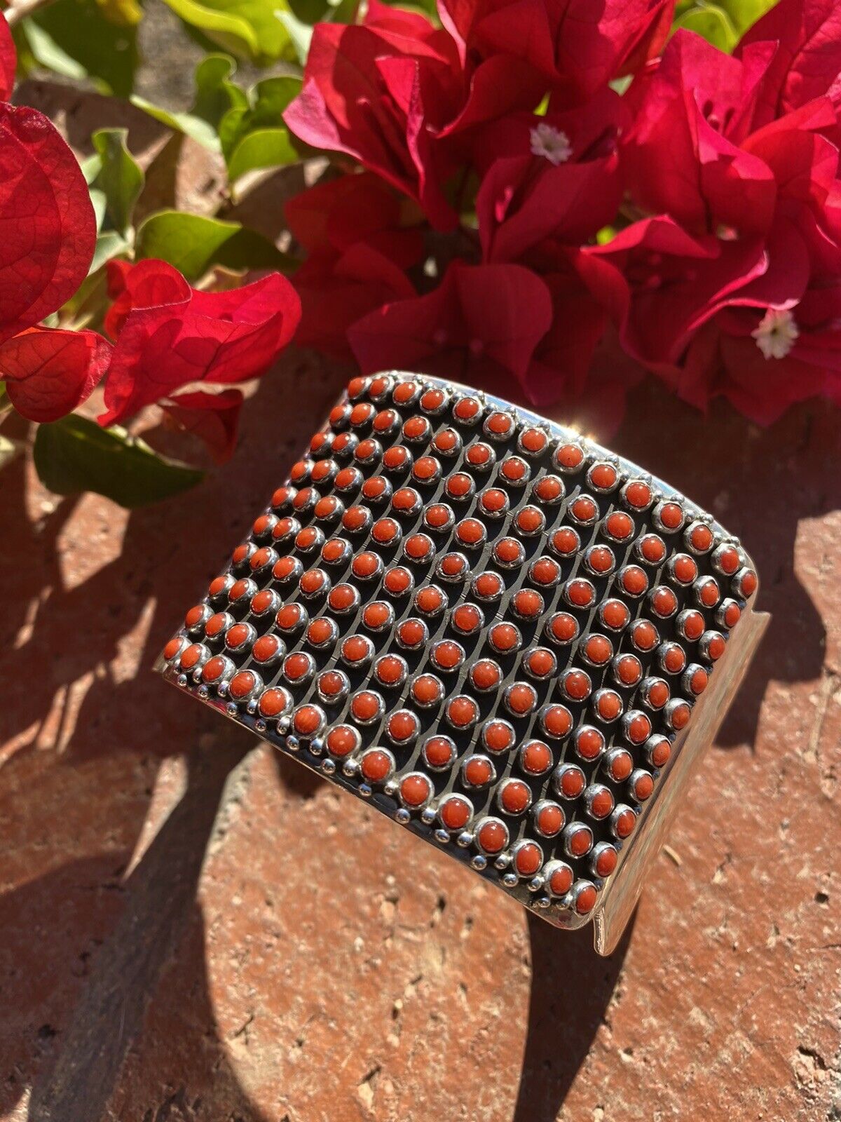 Navajo Natural Coral & Sterling Silver Cuff Bracelet By Paul Livingston /