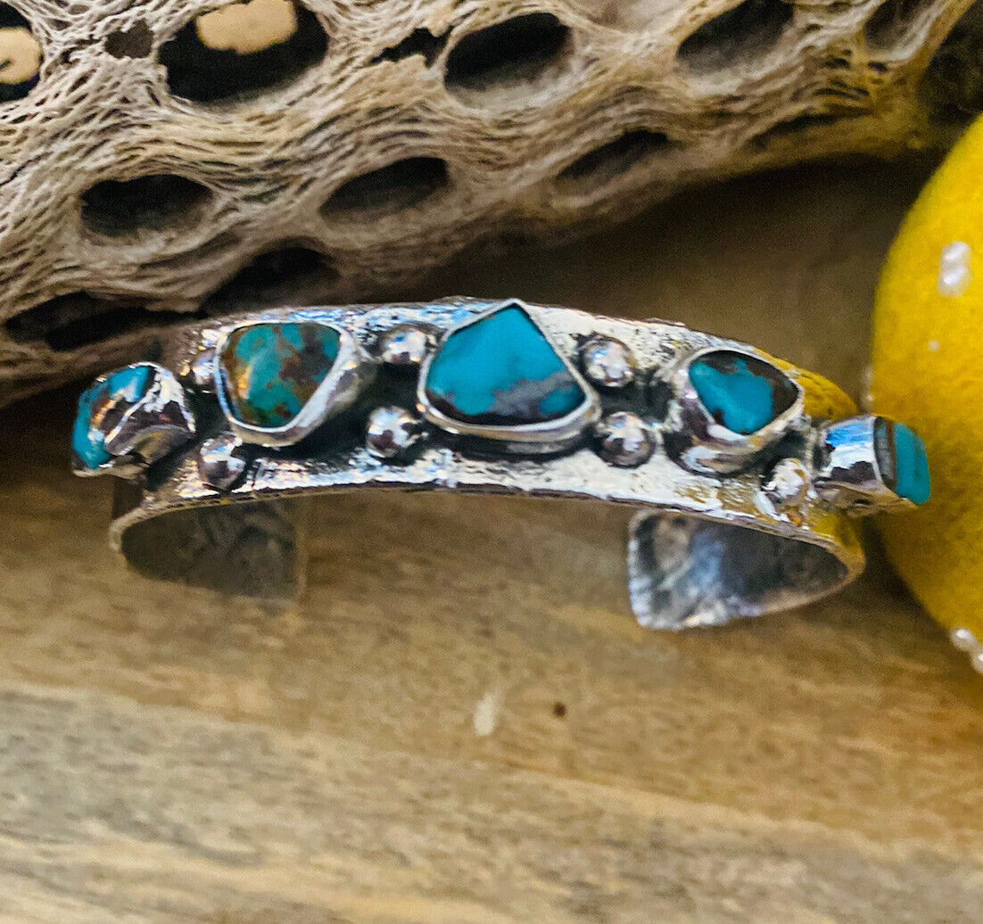 Navajo Turquoise & Sterling Silver Cuff Bracelet Signed NF