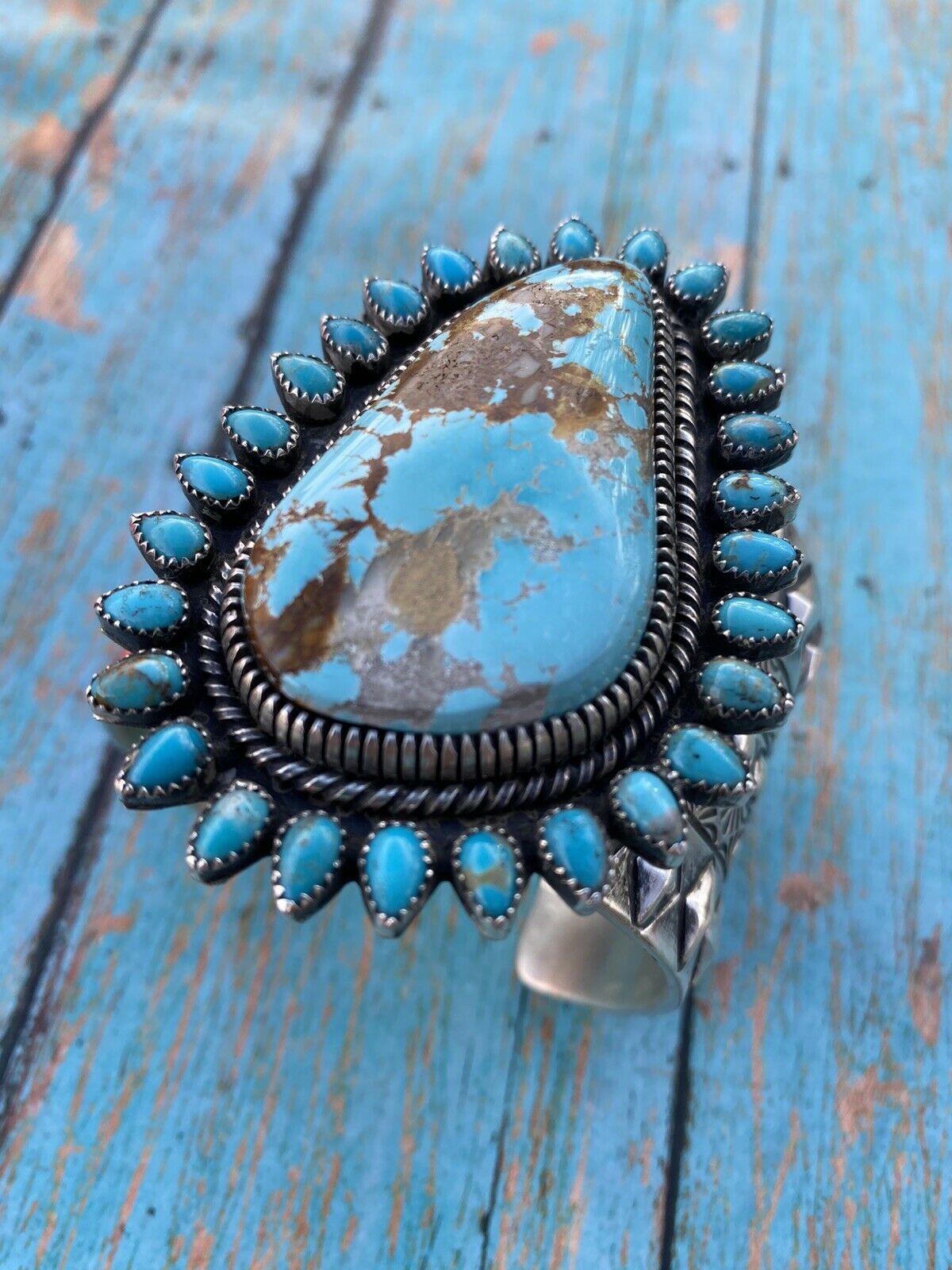 Sterling Silver & Royston Turquoise Cuff Bracelet Signed /