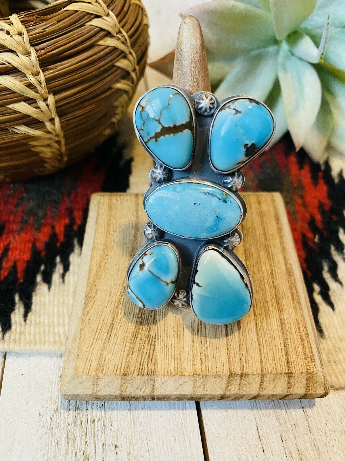 Handcrafted Turquoise & Sterling Silver Adjustable Ring Signed