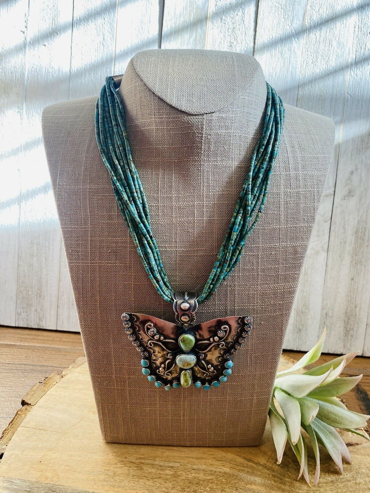 Handcrafted Sonoran Mountain Turquoise & Sterling Silver Butterfly Necklace Signed