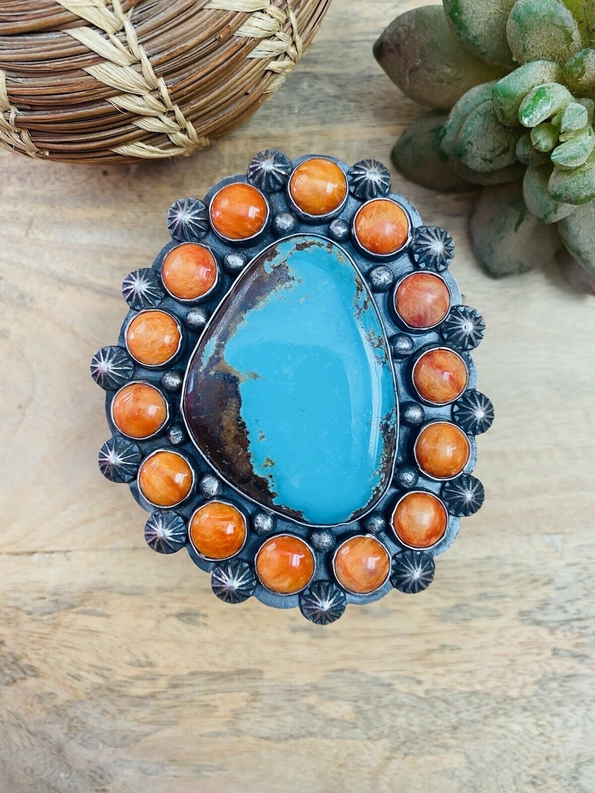 Handcrafted Orange Spiny, Turquoise & Sterling Silver Cuff Bracelet Signed /