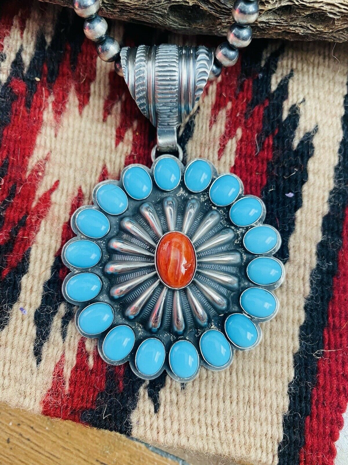 Handcrafted Sterling Silver, Turquoise & Red Spiny Pendant Signed