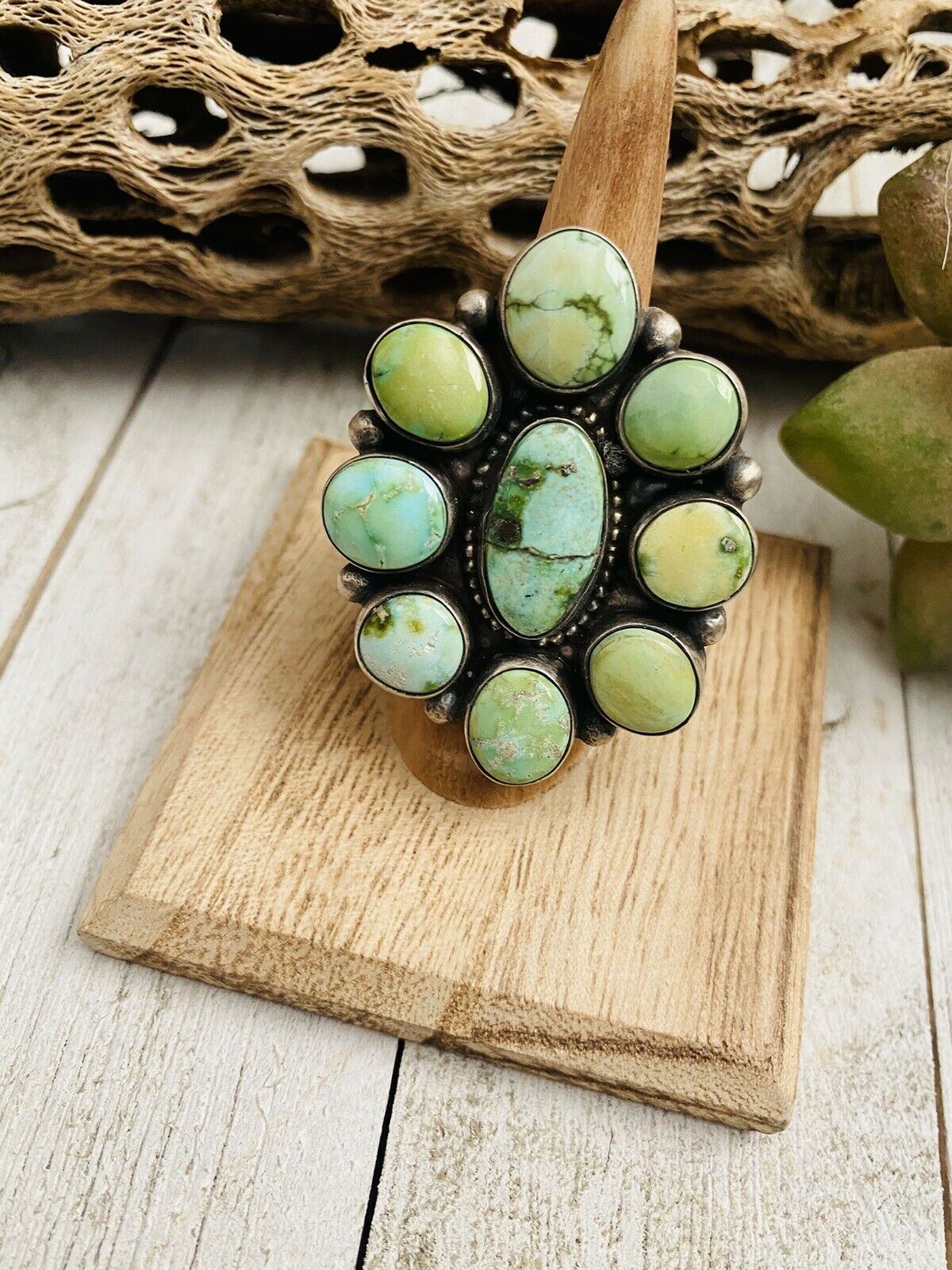 Handcrafted Sonoran Gold Turquoise & Sterling Silver Cluster Ring Size 7 Signed