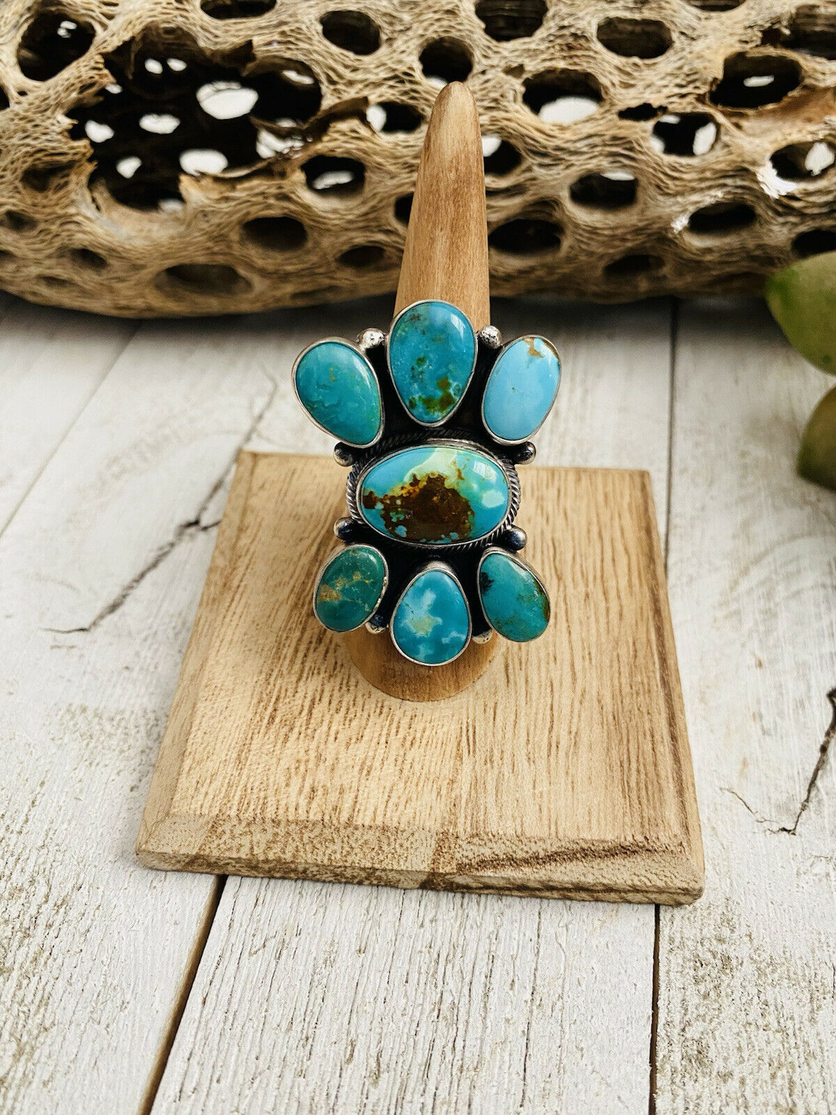 Handcrafted Royston Turquoise & Sterling Silver Ring Size 7.5 Signed