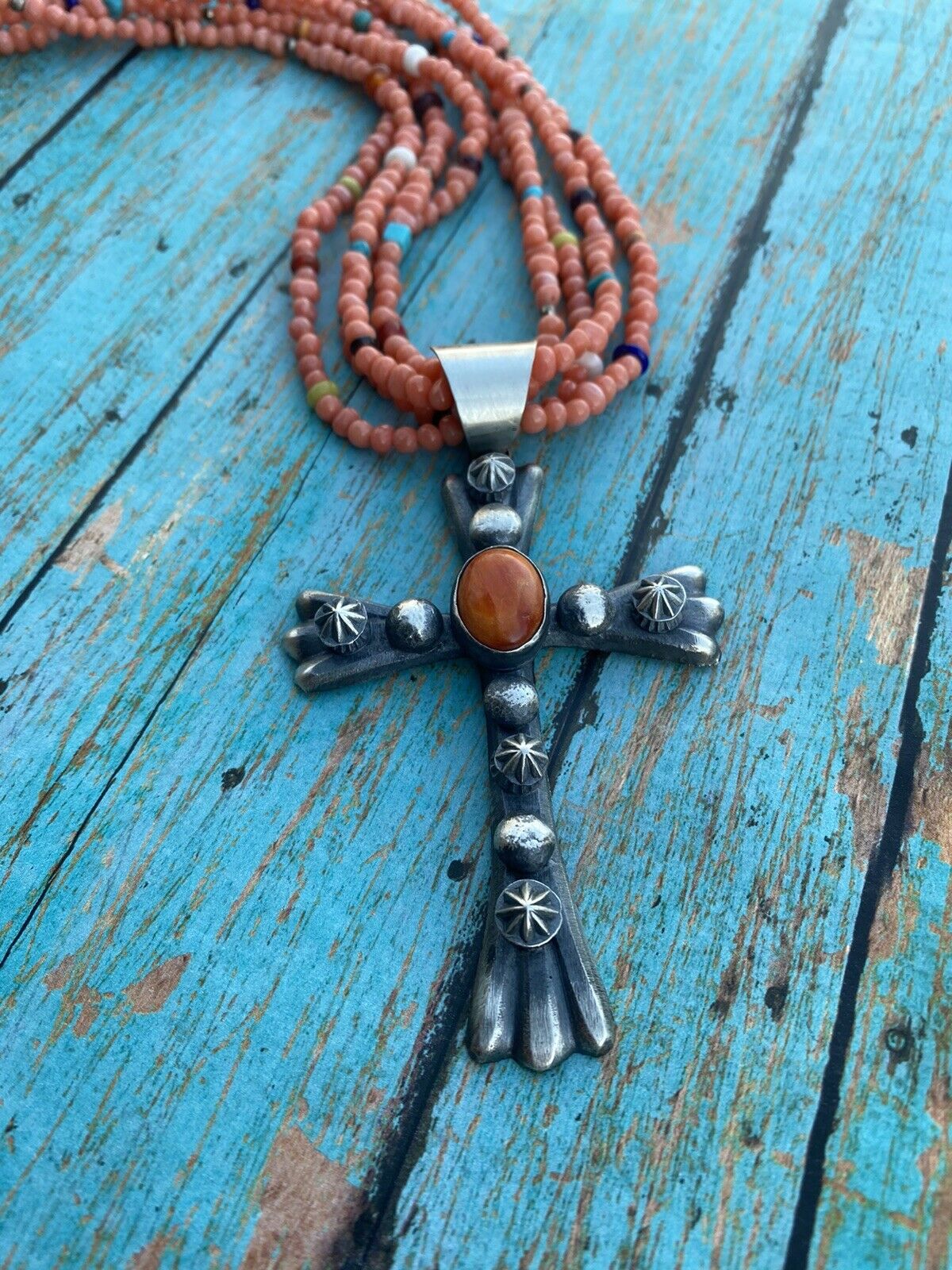 Navajo Sterling Silver & Orange Spiny Shell Cross Pendant Chimney Butte