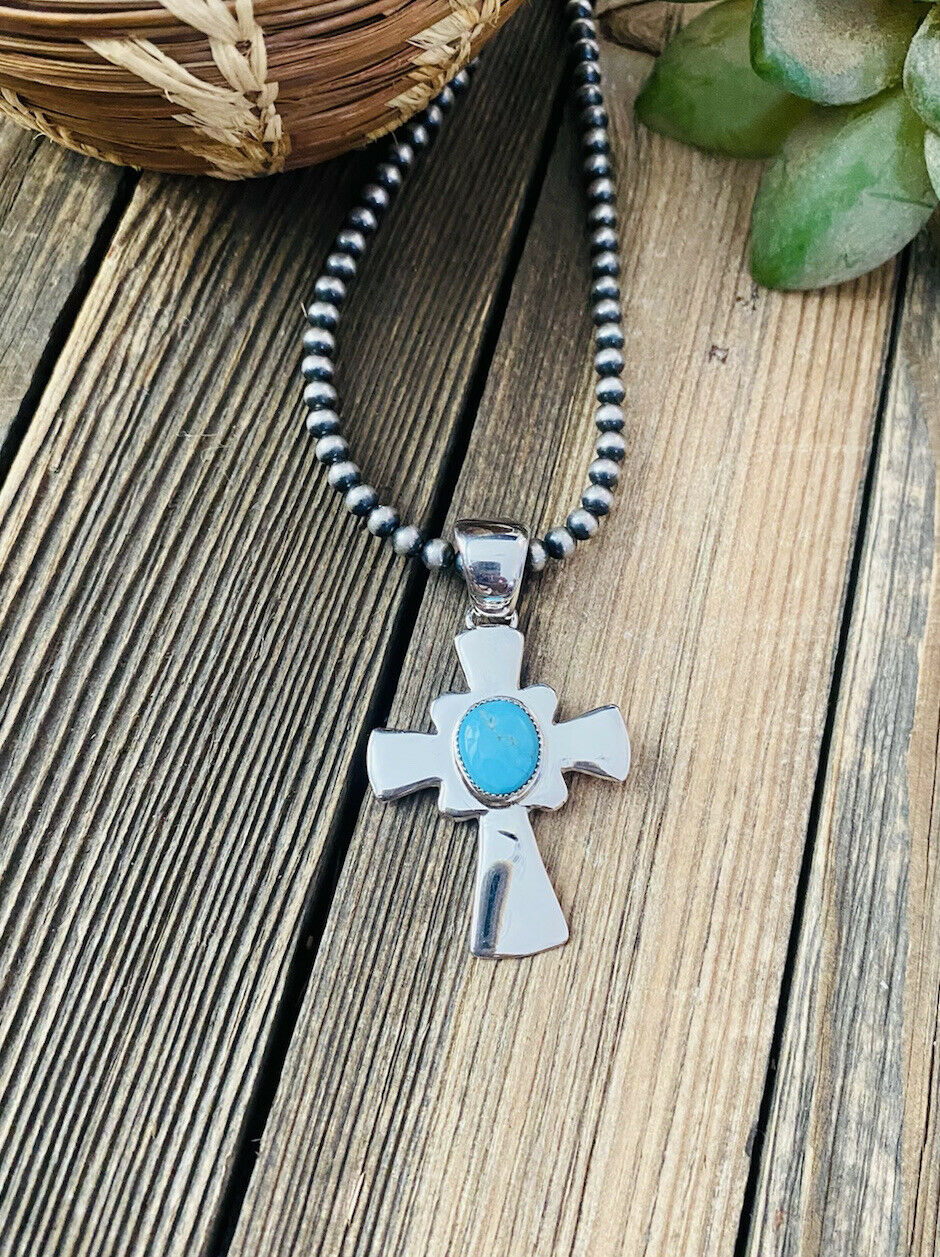 Handcrafted Sterling Silver & Turquoise Cross Pendant Signed