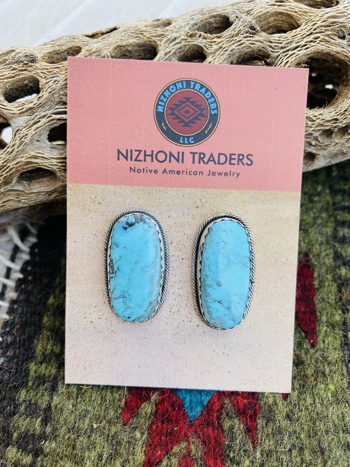 Handcrafted Turquoise & Sterling Silver Post Earrings Signed