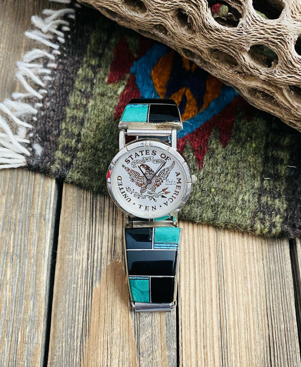 Handcrafted Old Pawn Vintage Onyx, Malachite, Opal & Sterling Silver Inlay Watch