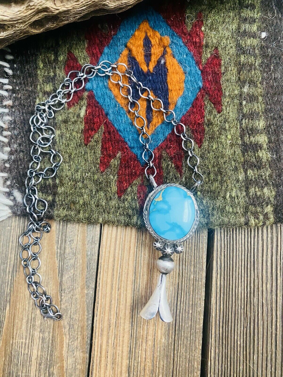 Handcrafted Sterling Silver & Kingman Turquoise Blossom Necklace Signed