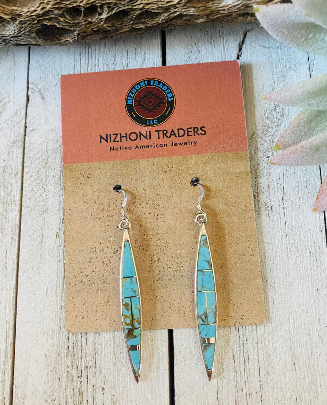 Handcrafted Number 8 Turquoise And Sterling Silver Inlay Dangle Earrings