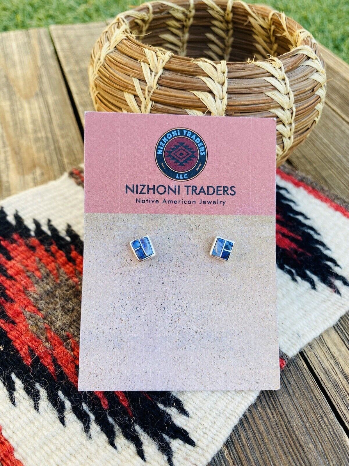 Handcrafted Natural Blue Opal And Sterling Silver Inlay Stud Earrings