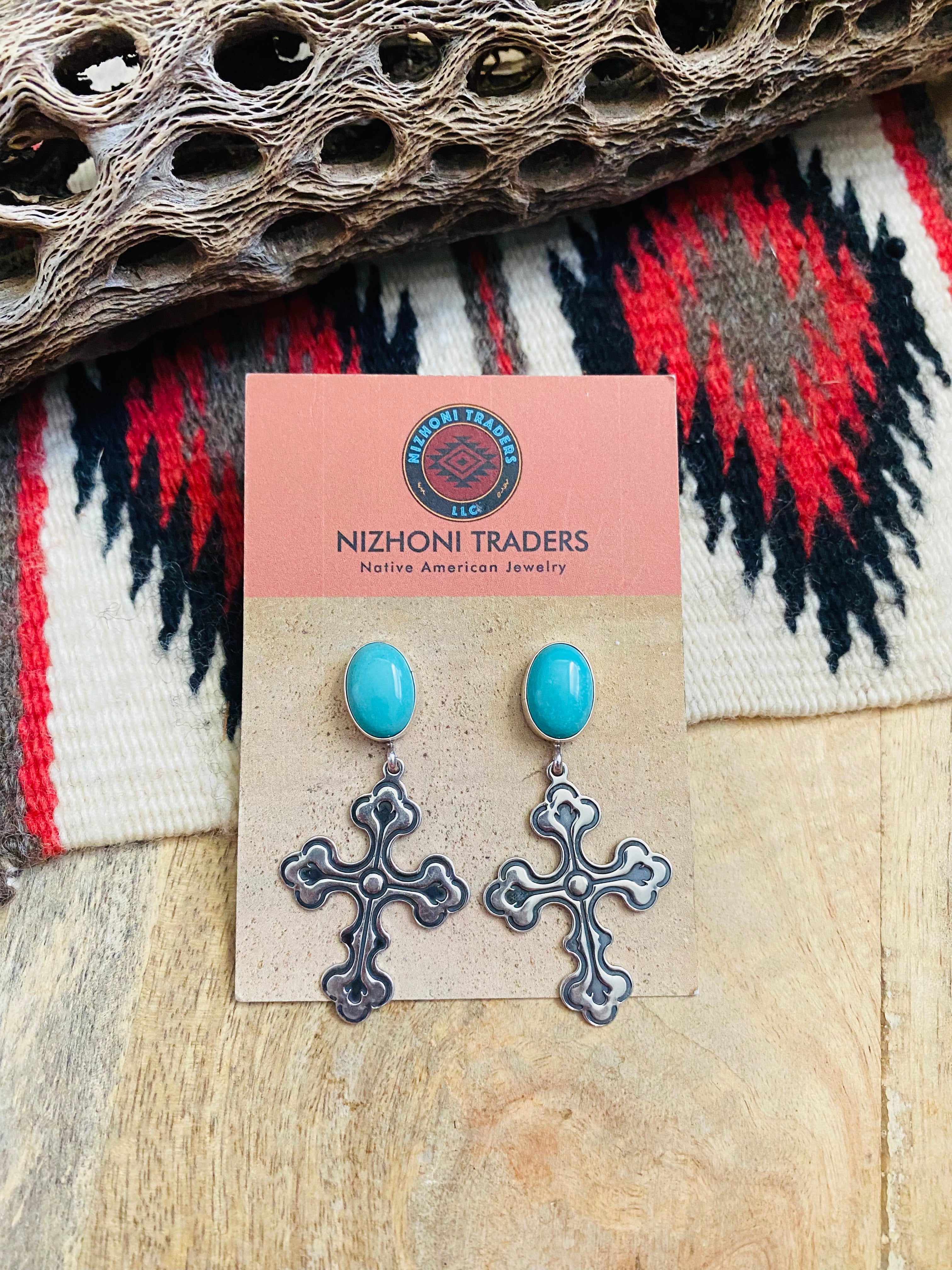 Handcrafted Turquoise & Sterling Silver Cross Dangle Earrings