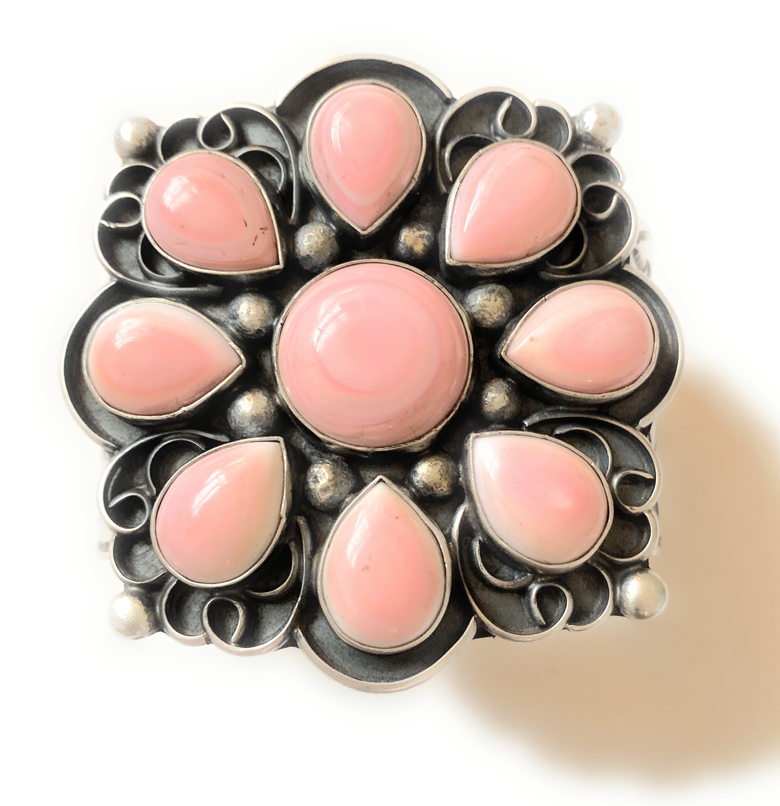 Handcrafted Queen Pink Conch Shell & Sterling Silver Cluster Cuff Bracelet Signed /