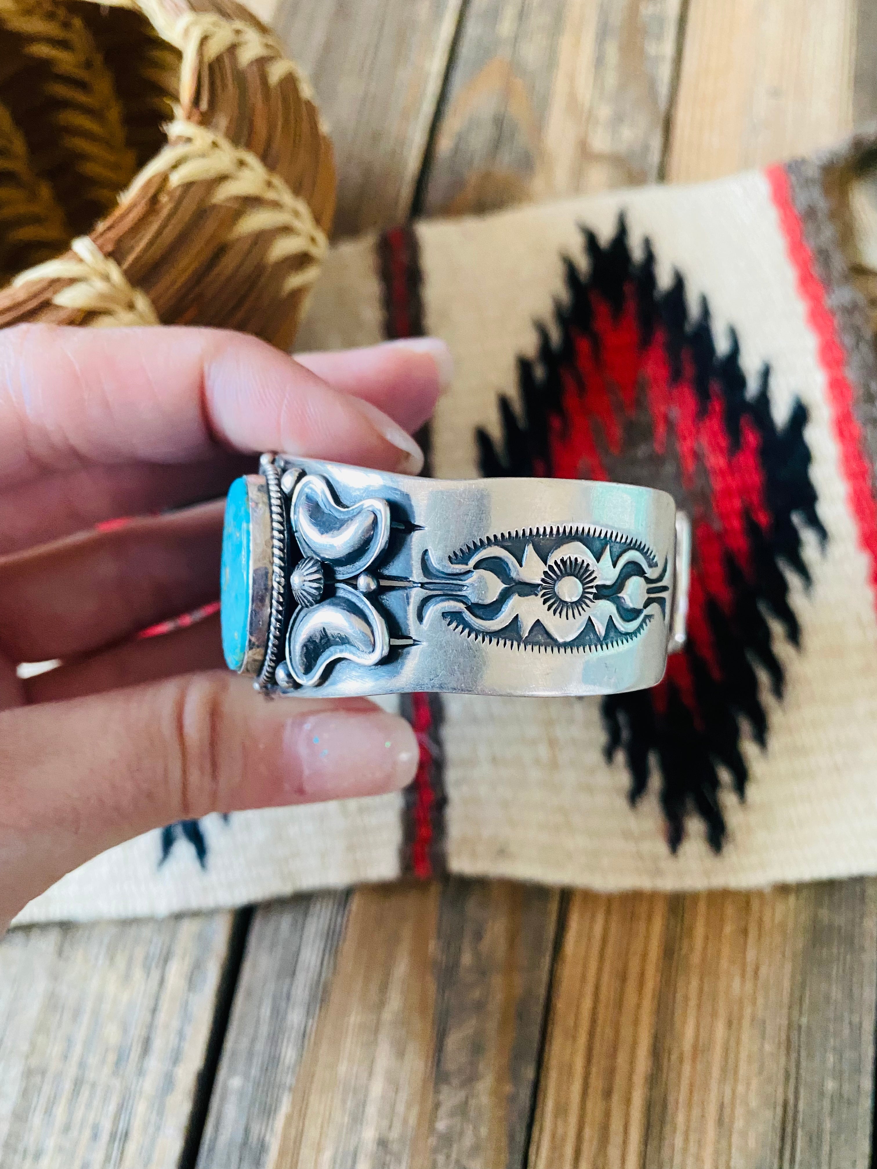 Navajo Kingman Web Turquoise & Sterling Silver Cuff Bracelet By Derrick Gordon /