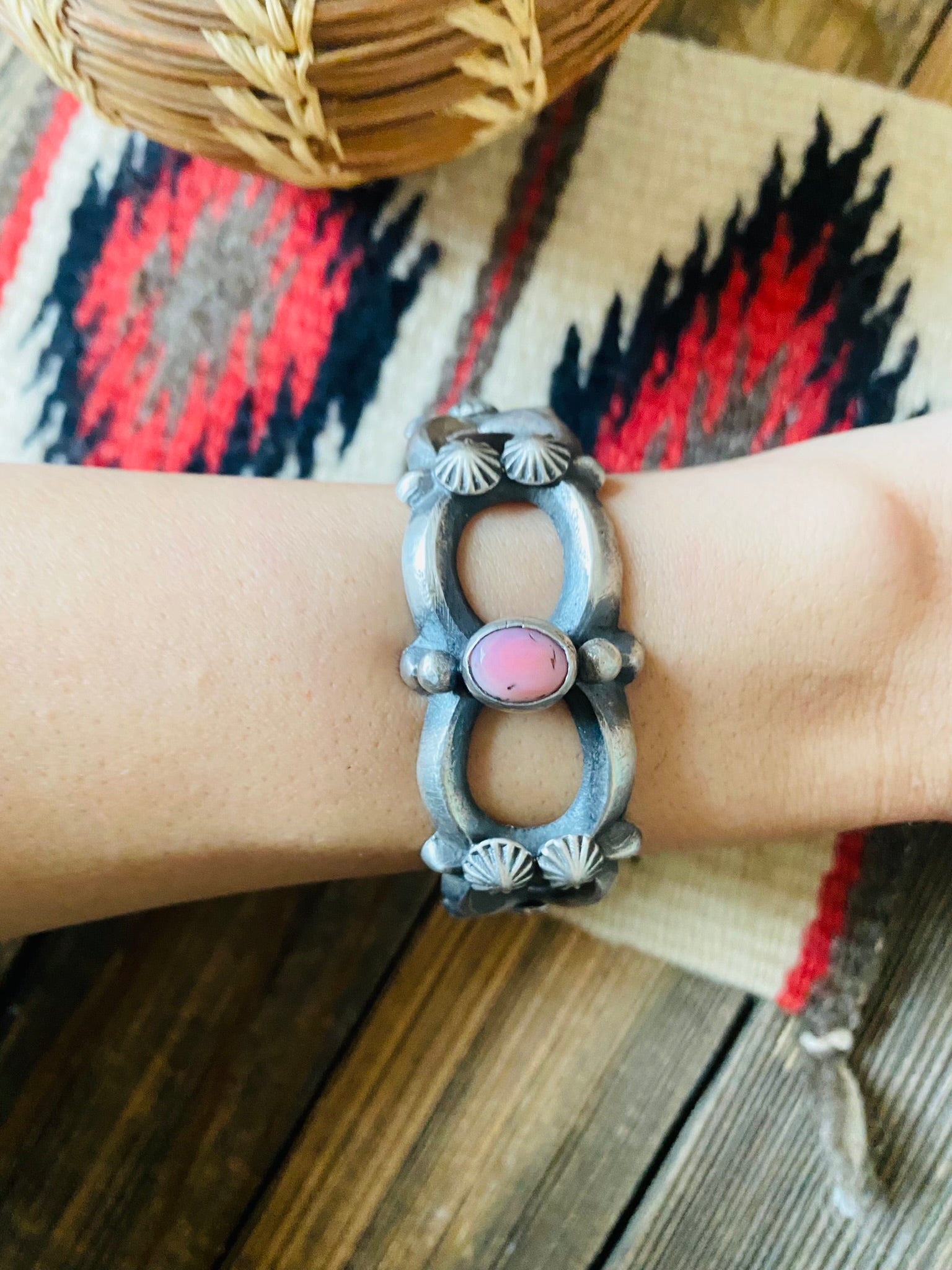 Handcrafted Queen Pink Conch Shell & Sterling Silver Cuff Bracelet By Chimney Butte /