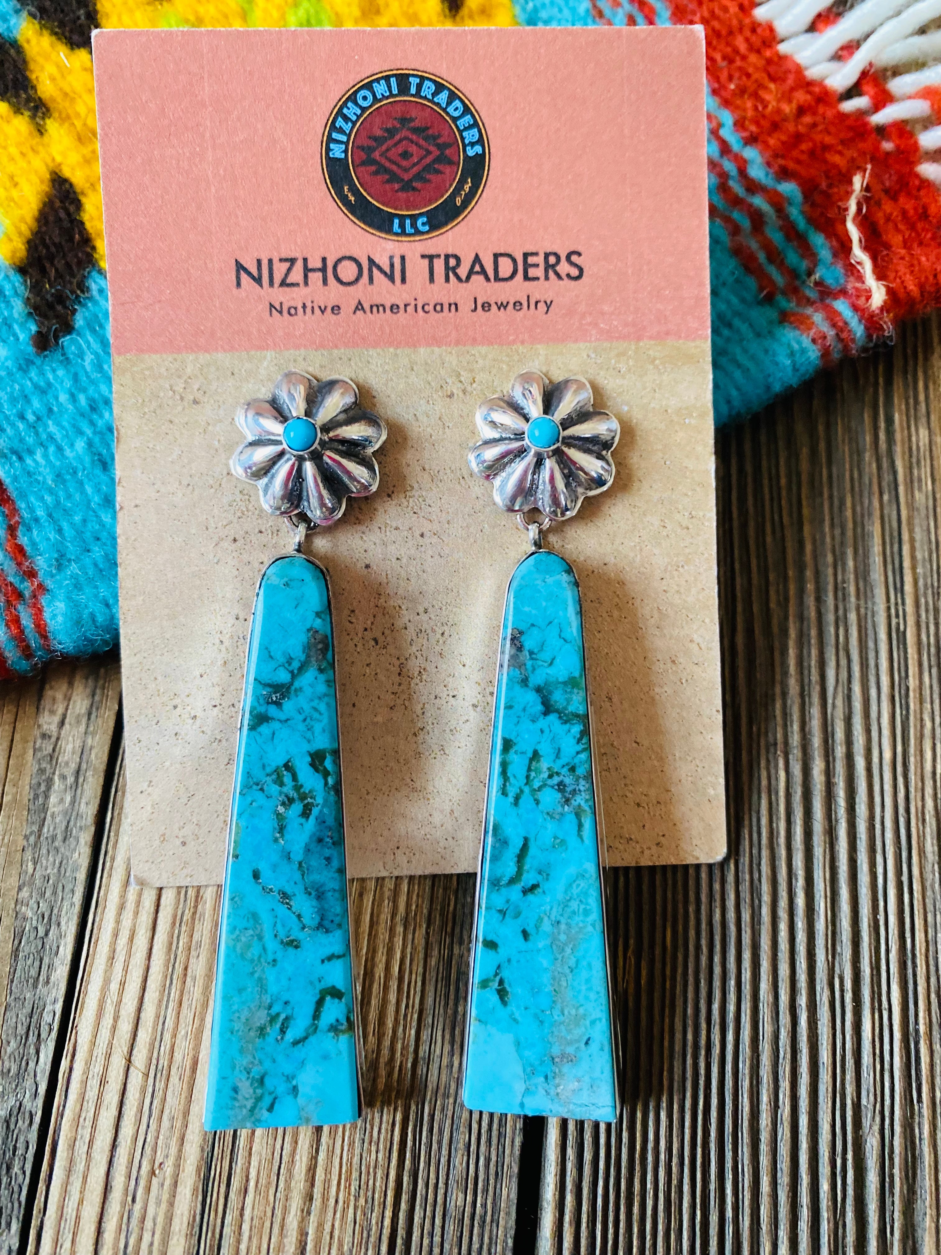 Handcrafted Sterling Silver & Turquoise Slab Concho Dangle Earrings