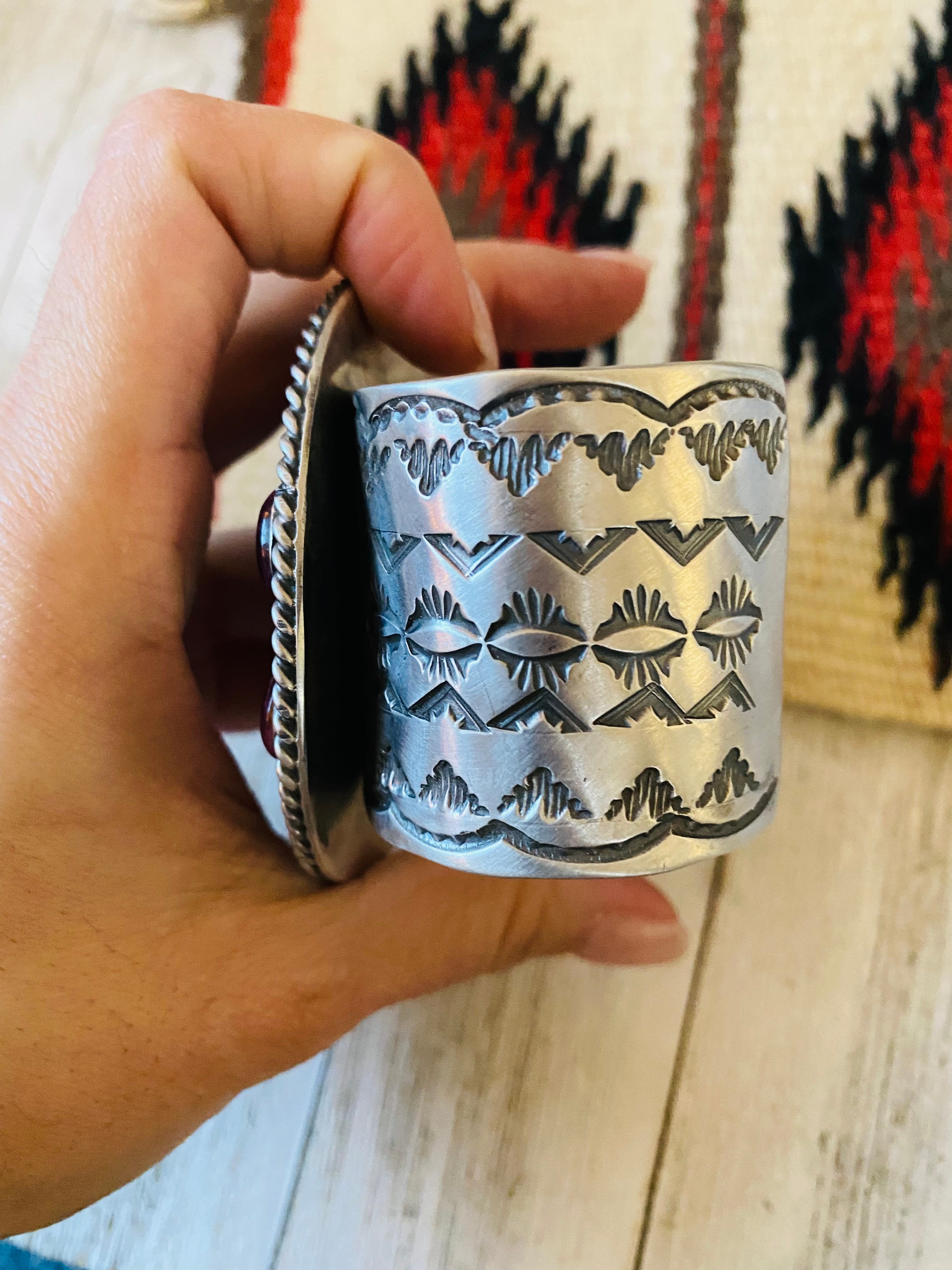 Handcrafted Sterling Silver & Purple Spiny Cuff Bracelet Signed