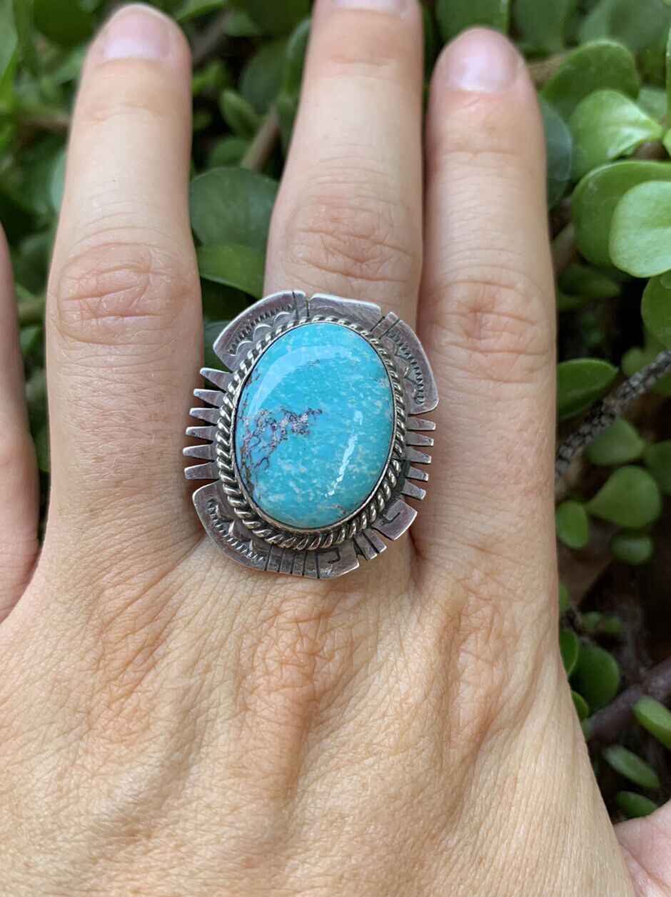 Handcrafted Kingman Turquoise Stamped Sterling Silver Signed Statement Ring