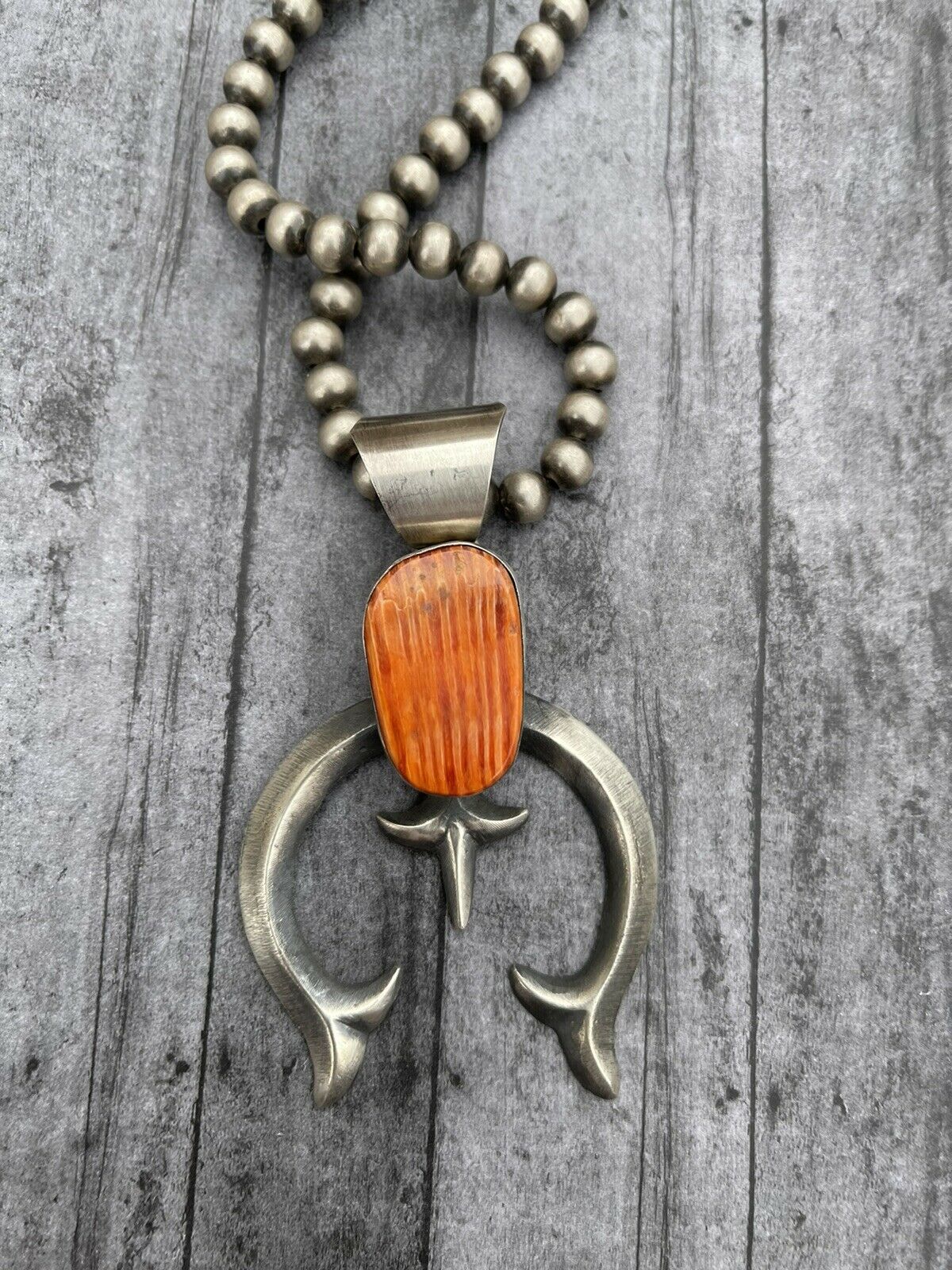 Handcrafted Chimney Butte Orange Spiny & Sterling Silver Naja Pendant Signed