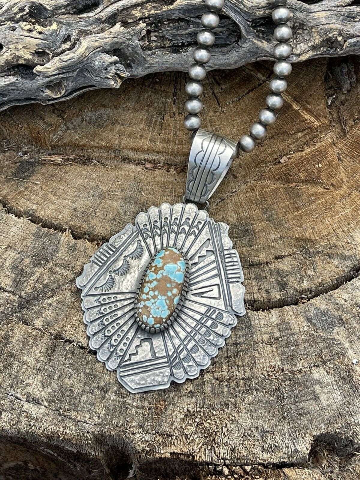 Handcrafted Number 8 Turquoise & Sterling Tufa Cast Jumbo Pendant Signed