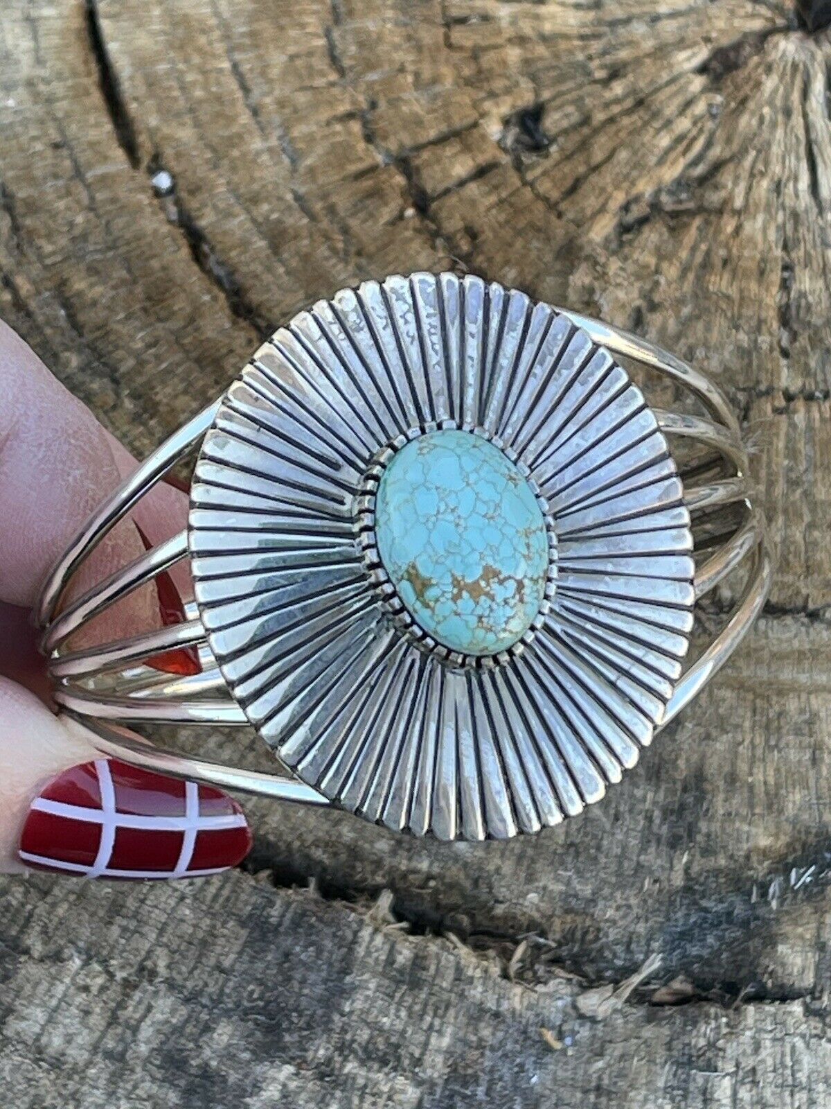 Handcrafted Sterling Silver & Number 8 Turquoise Signed Lined Cuff Signed