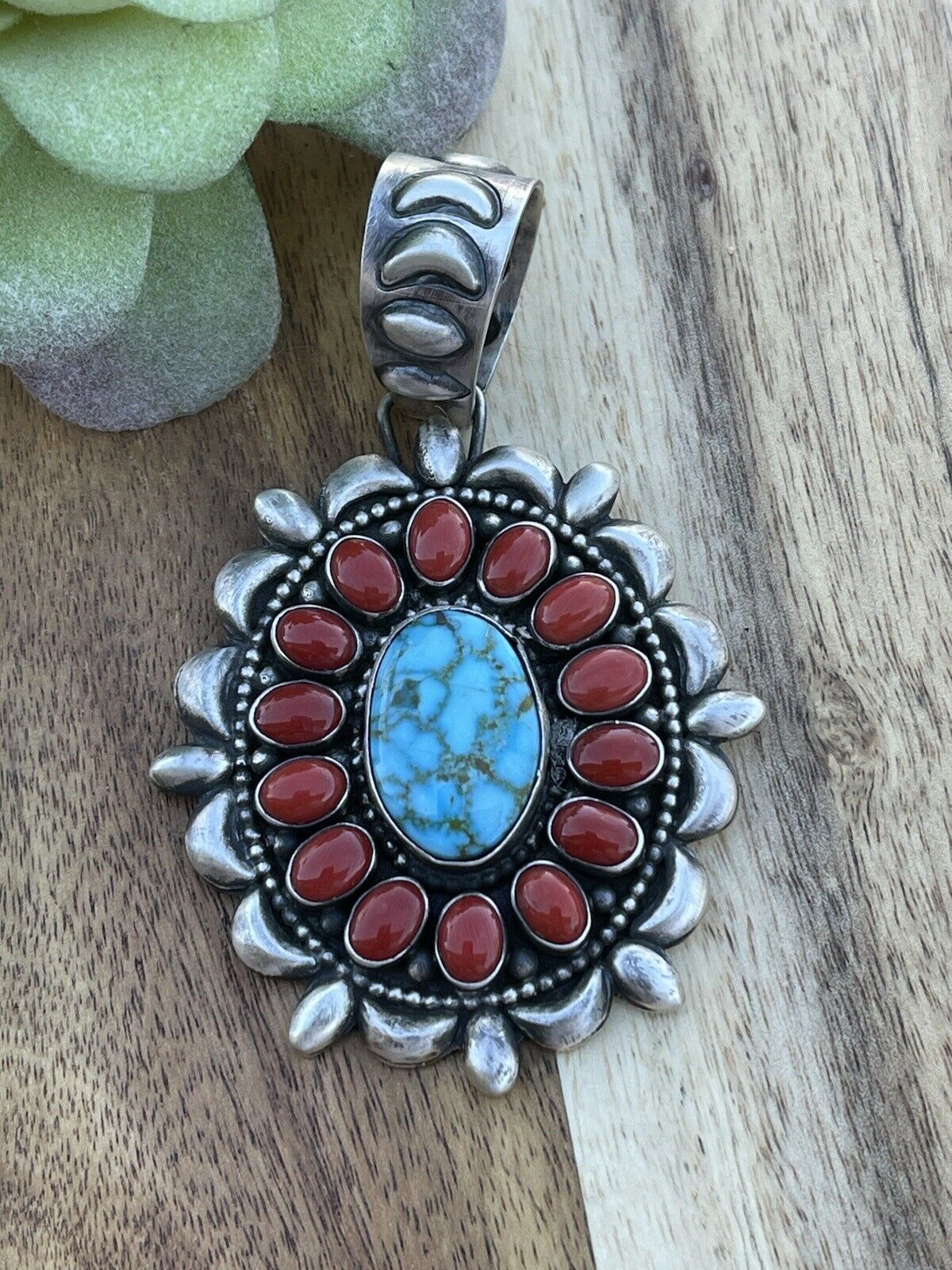 Handcrafted Kingman Web Turquoise & Red Coral Taos Ornate Pendant D. Clark