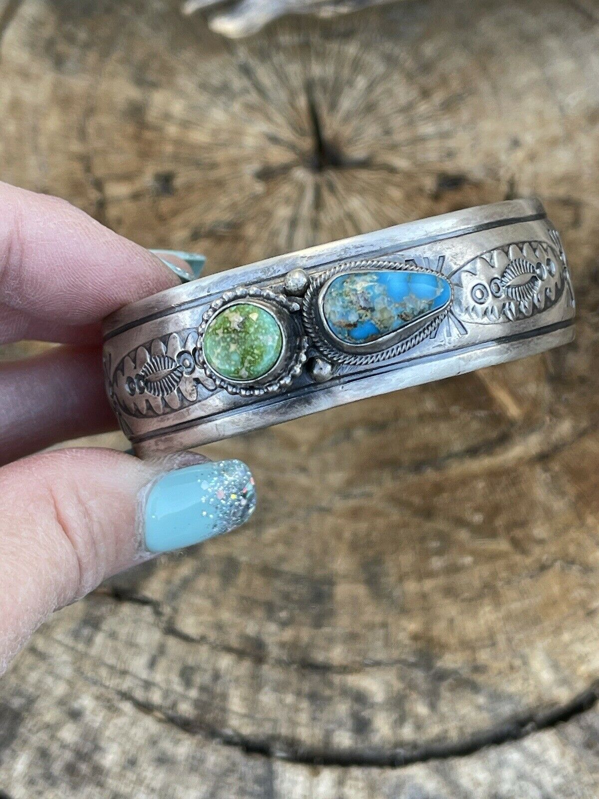 Handcrafted Sterling Silver Sonoran Gold & Golden Hills Turquoise 2 Stone Cuff Bracelet /