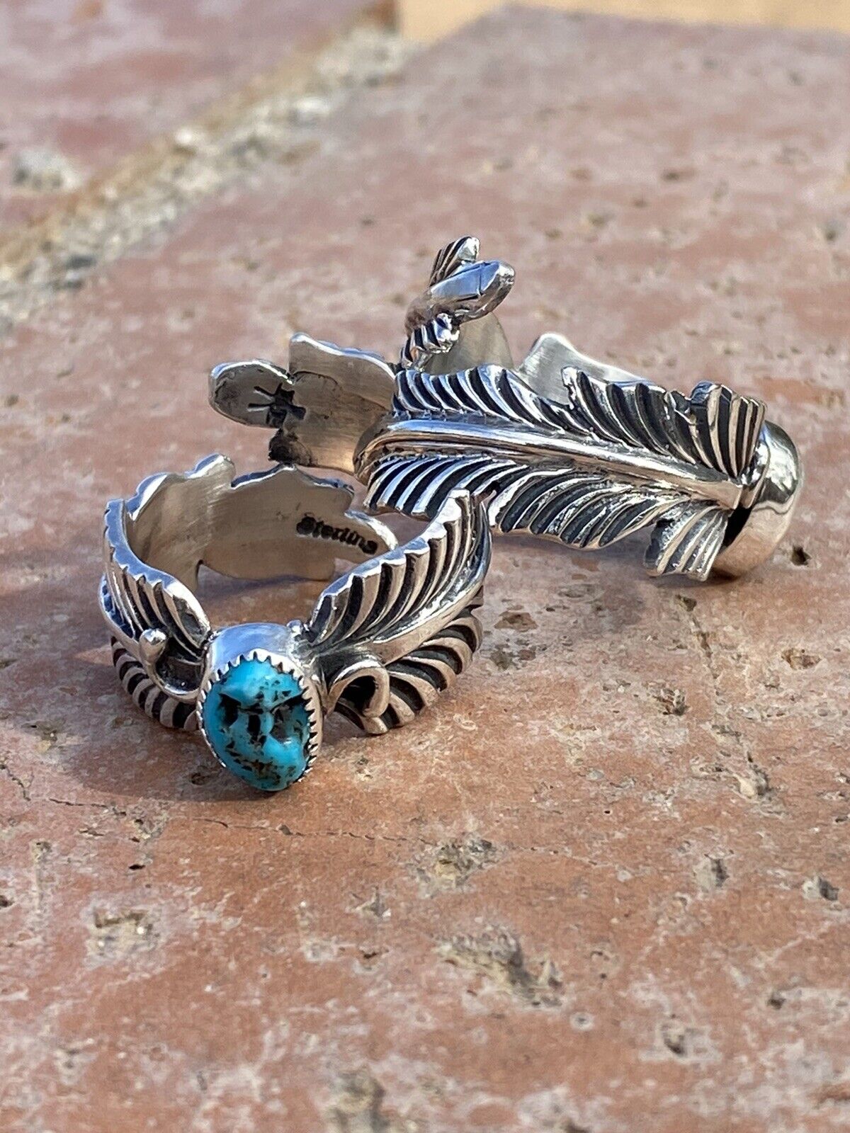 Handcrafted Feather Turquoise And Sterling Silver Adjustable Ring
