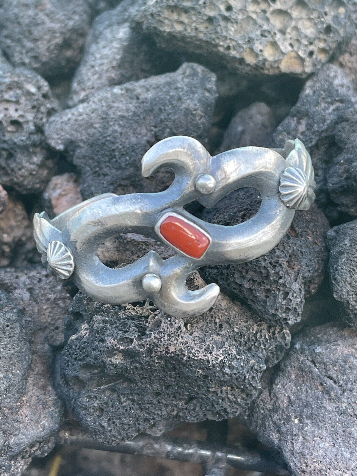 Natural Red Coral Sterling Silver Cuff By Artist Chimney Butte /
