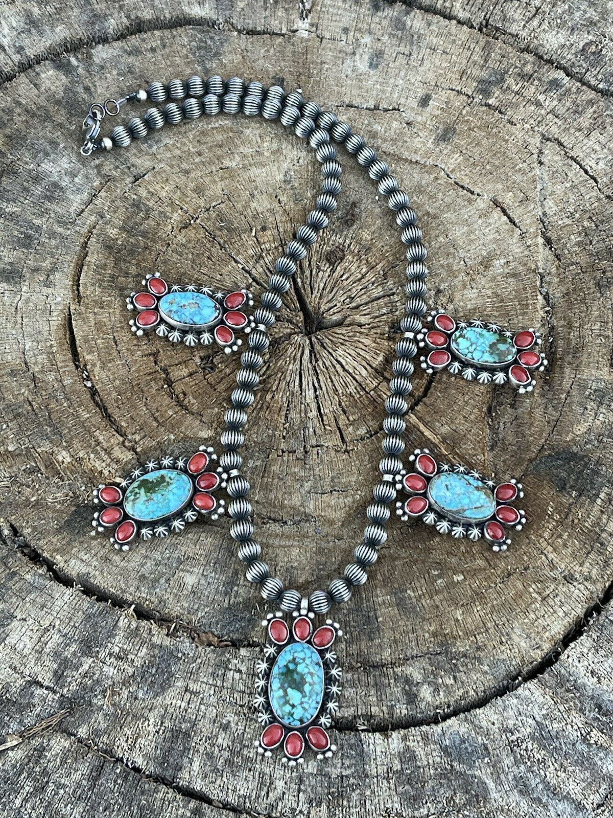 Handcrafted Sterling Kingman Turquoise Natural Red Coral Necklace Taos Collection
