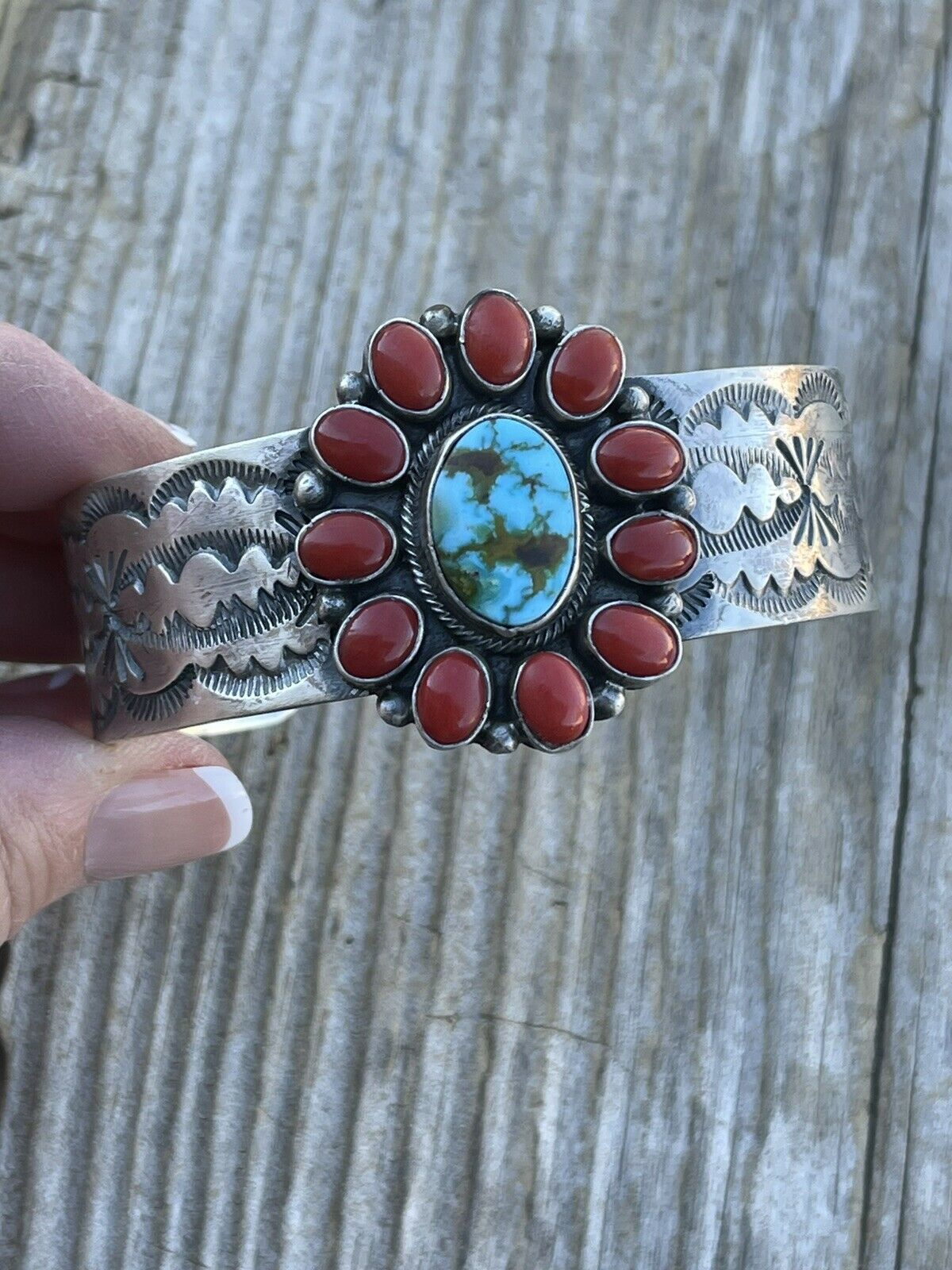Handcrafted Sterling Kingman Web Turquoise & Red Coral Taos Bracelet Cuff by Bobby Johnson /