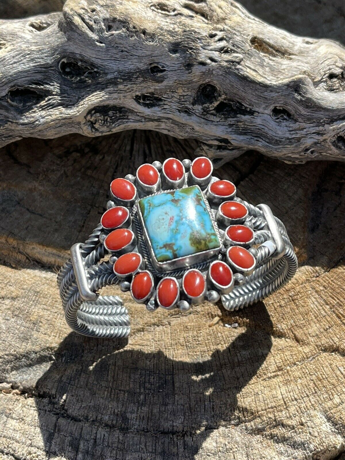 Handcrafted Sterling Kingman Web Turquoise & Red Coral Taos Bracelet Cuff B. Johnson /