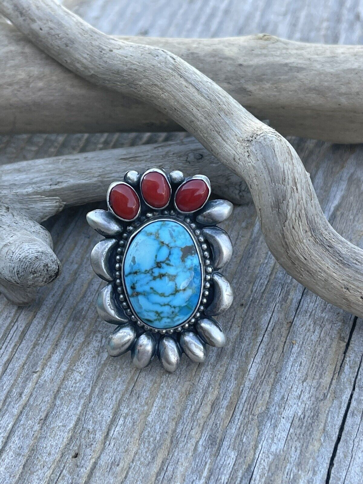 Navajo Sterling Kingman Web Turquoise & Red Coral Taos Collection Ring by Danny Clark, Sz 6.5