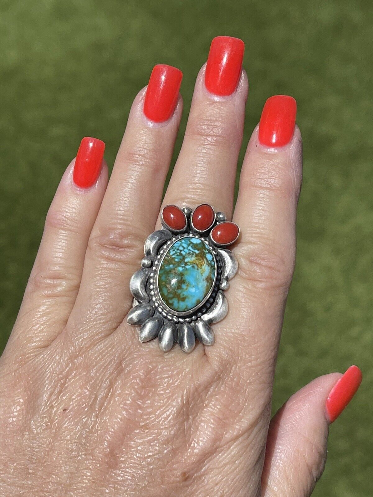 Navajo Sterling Kingman Web Turquoise & Red Coral Taos Collection Ring by Danny Clark, Sz 6.5