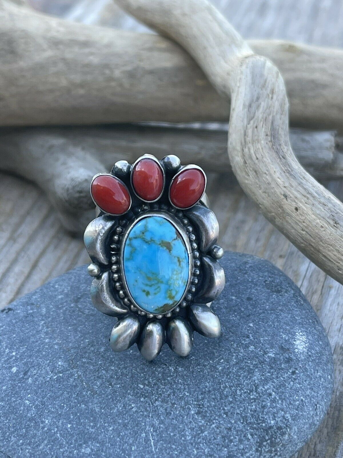 Navajo Sterling Kingman Web Turquoise & Red Coral Taos Collection Ring by Danny Clark, Sz 7.5