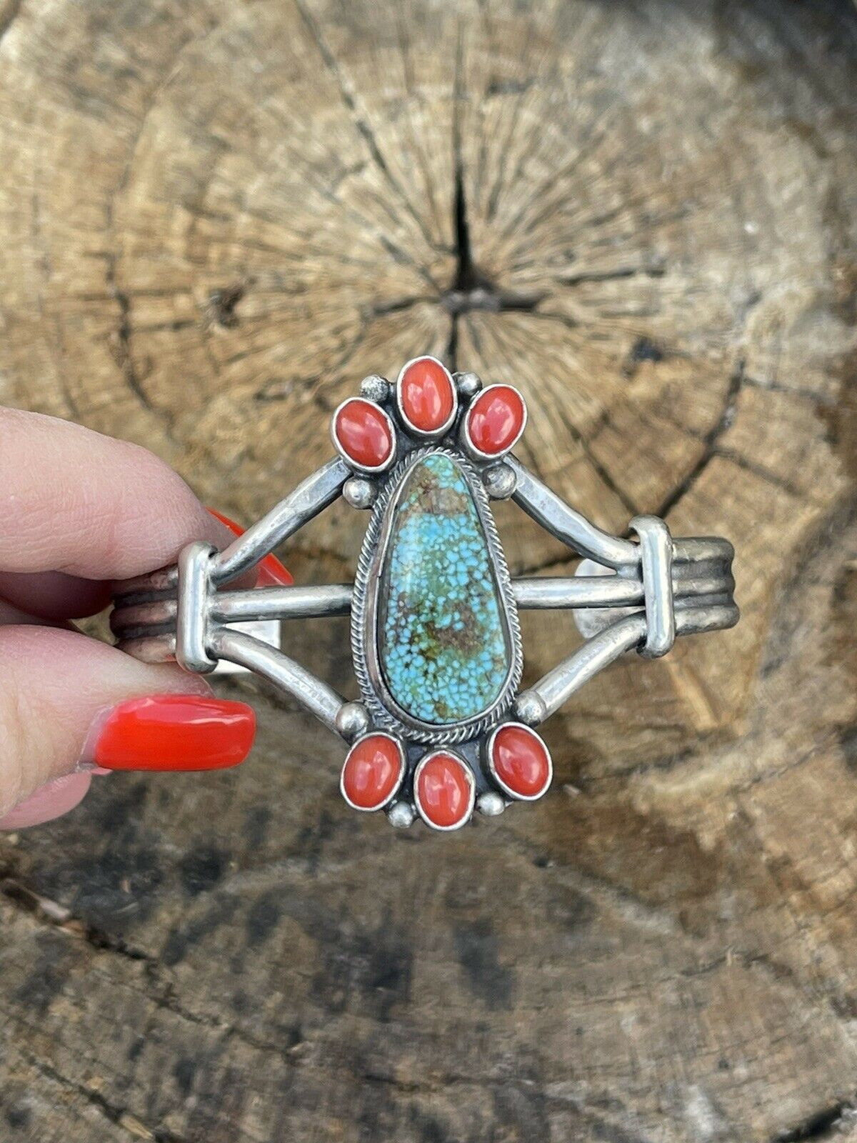 Handcrafted Sterling Silver Kingman Web Turquoise & Red Coral Taos Bracelet Cuff by Bobby Johnson /