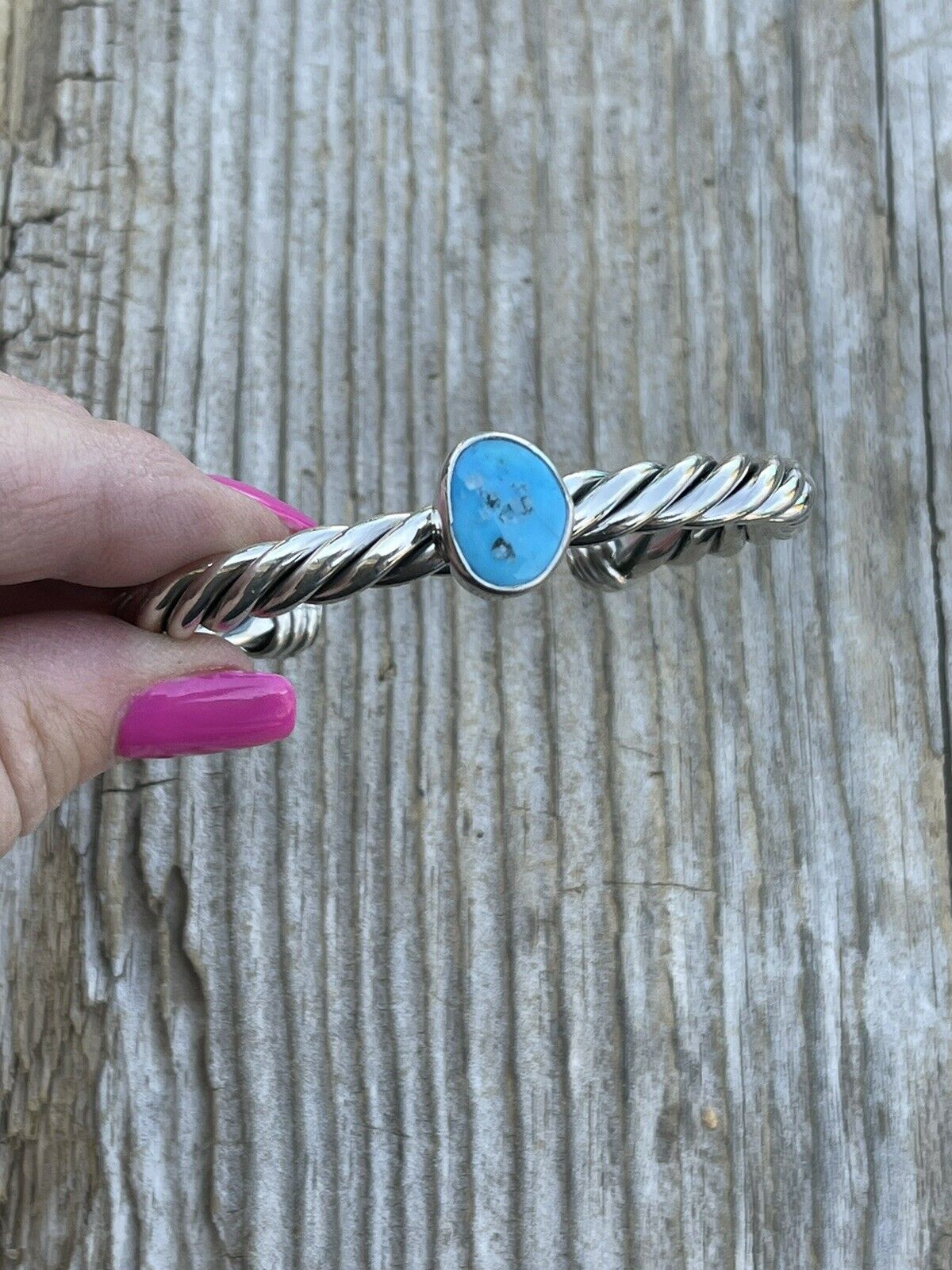 Handcrafted Sterling Silver Rope Twist Natural Turquoise Cuff Bracelet