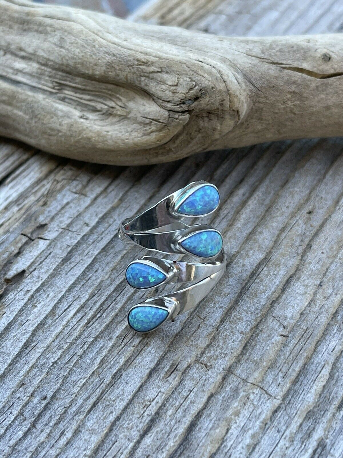 Handcrafted Sterling Silver Bright Blue Opal Adjustable 4 Stone Ring