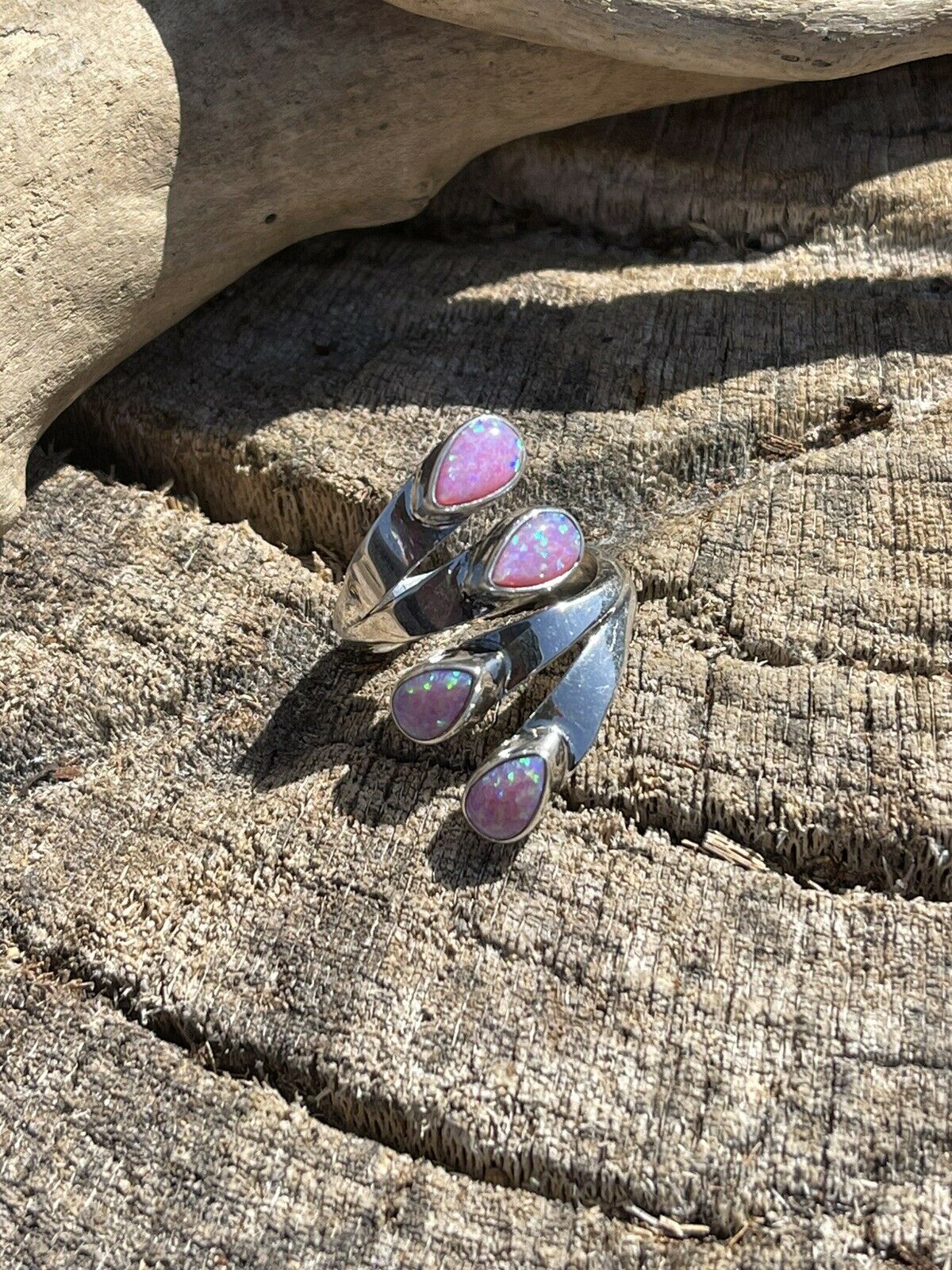 Handcrafted Sterling Silver Pink/ Purple Opal Adjustable 4 Stone Ring