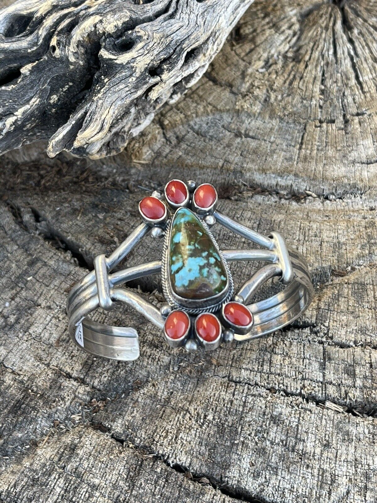 Navajo Sterling Kingman Web Turquoise & Red Coral Taos Bracelet Cuff by Bobby Johnson /
