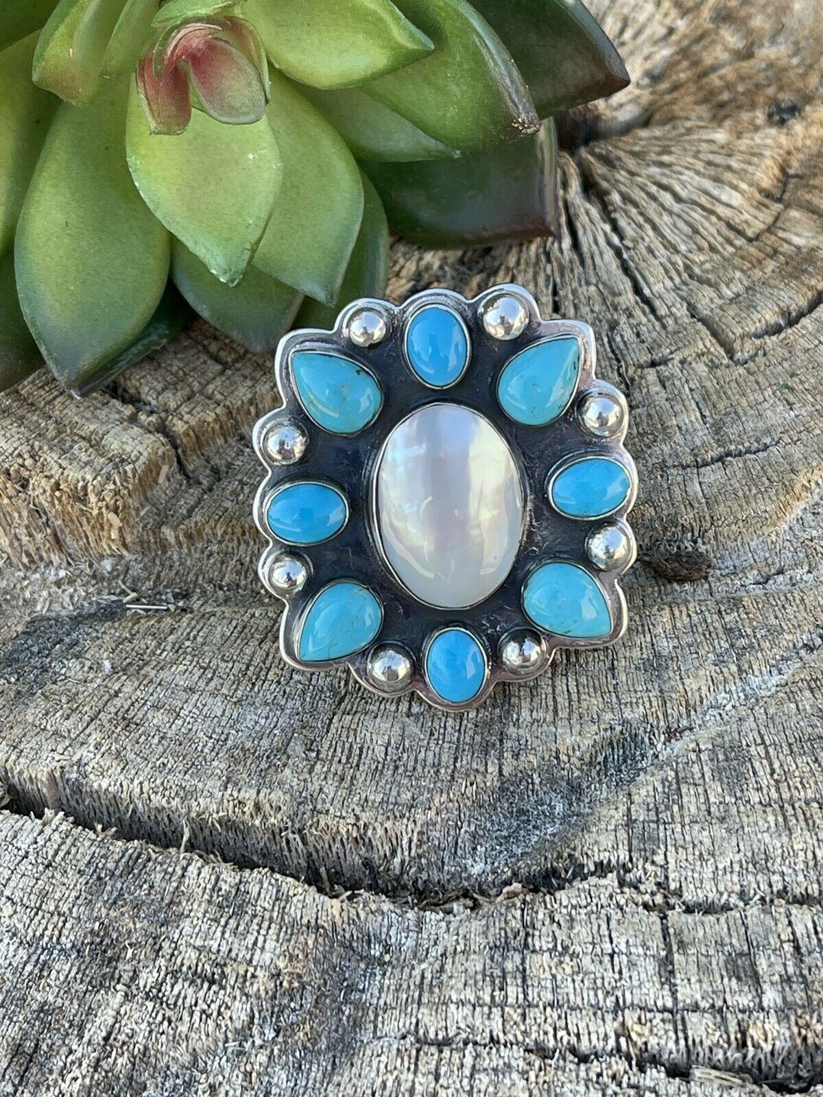 Handcrafted Cluster Turquoise & Mother Of Pearl Sterling Silver Ring Sz Is Adjustable