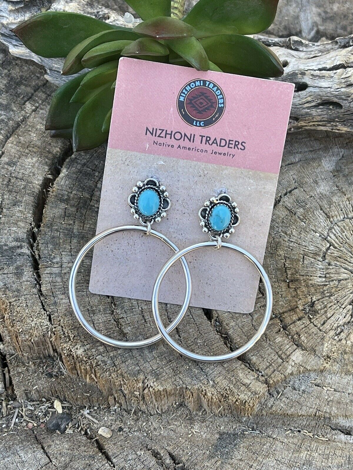 Handcrafted Turquoise & Sterling Silver Dangle Hoop Earrings