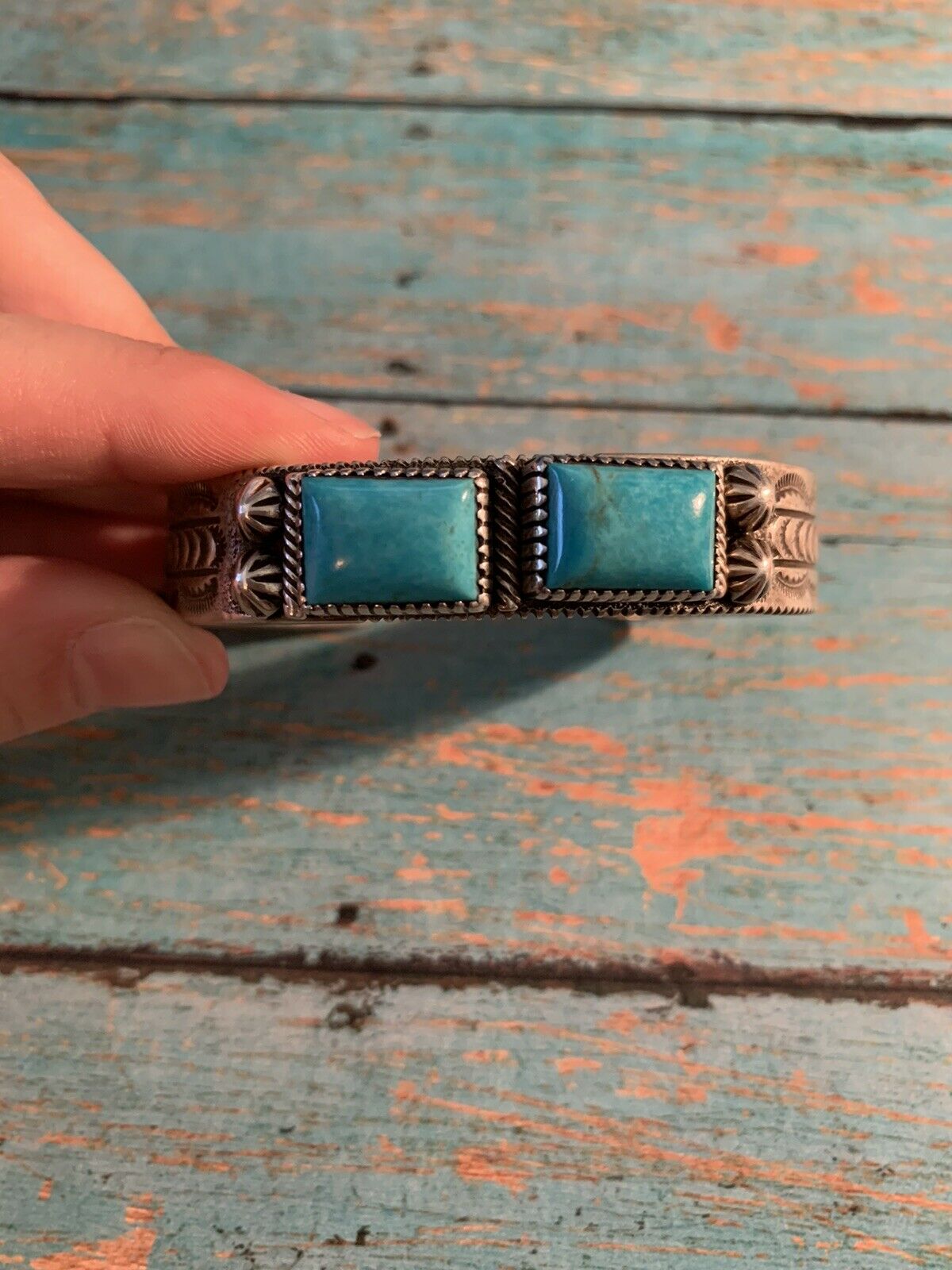 Handcrafted Turquoise & Sterling Silver Square Stone Bracelet Cuff