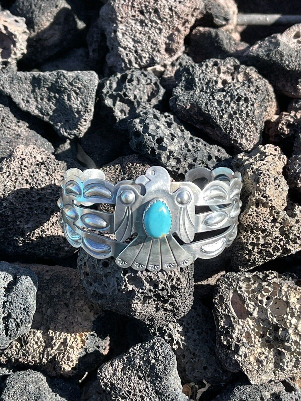 Sterling Silver Handcrafted Stamped Turquoise Thunderbird Cuff